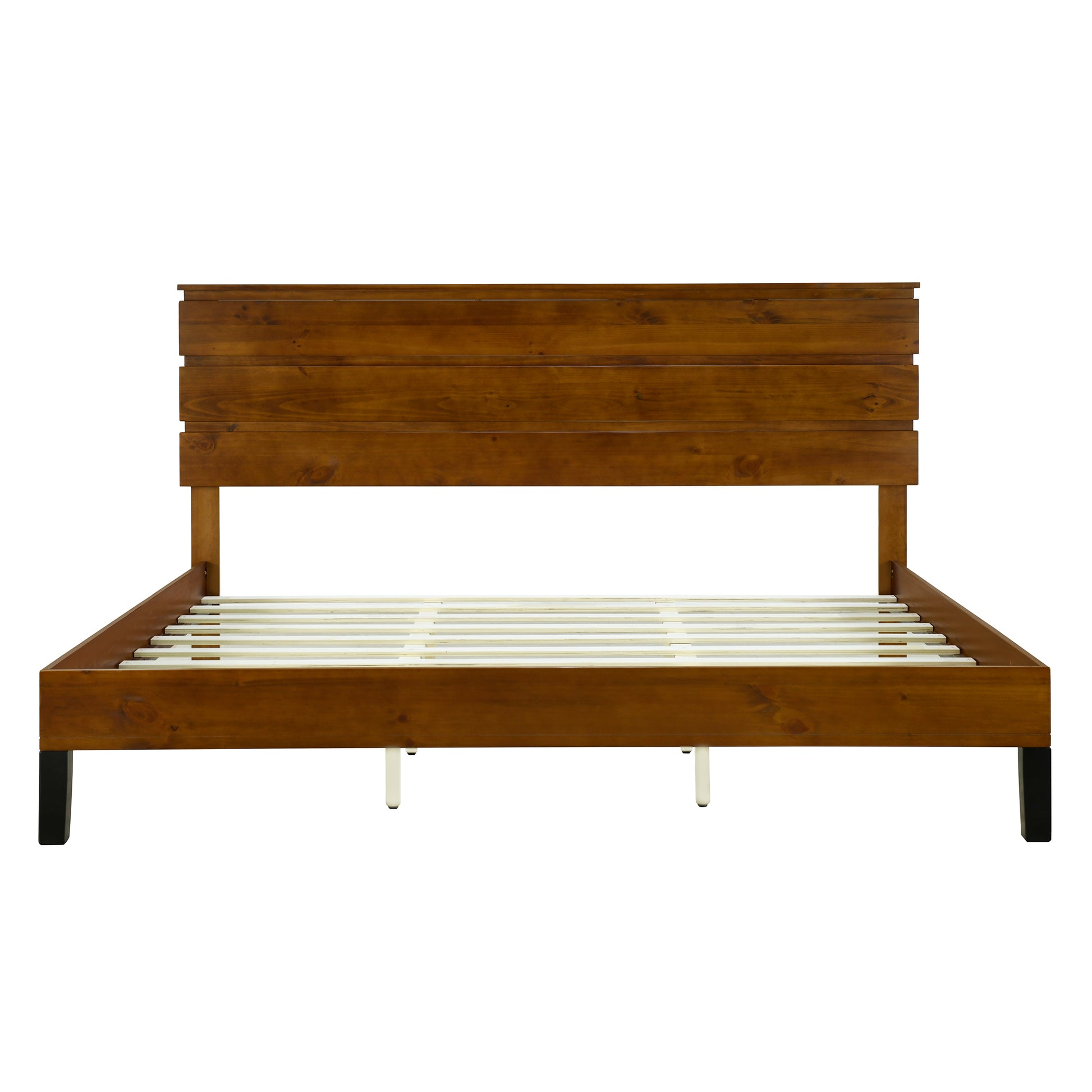 Mid Century Modern Solid Wood Bed Frame King Size Platform Bed With Three Piece Headboard Design, No Box Spring Needed, Brown King Brown Pine