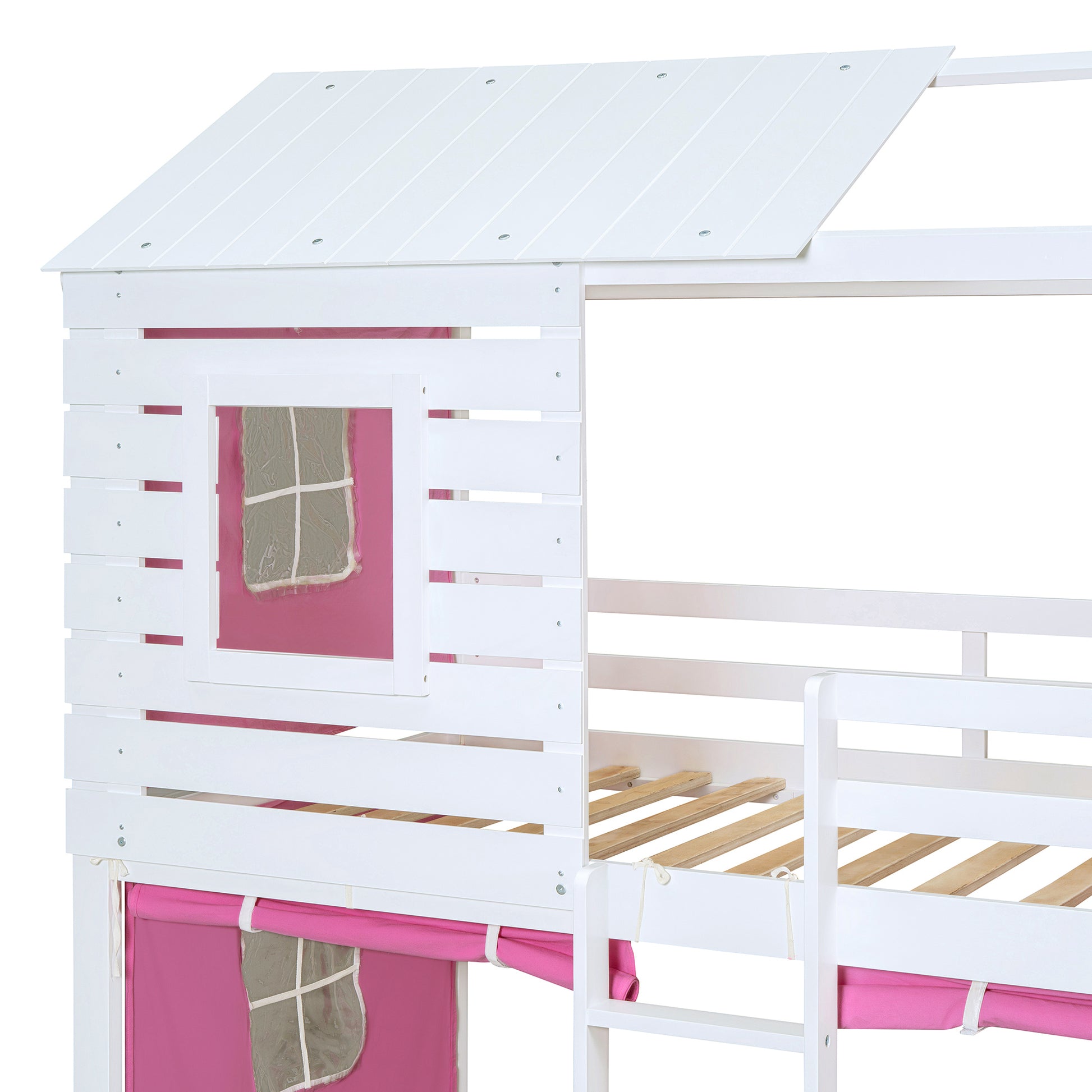 Twin Size Bunk Wood House Bed With Tent, Pink White Twin Pink White Solid Wood Mdf