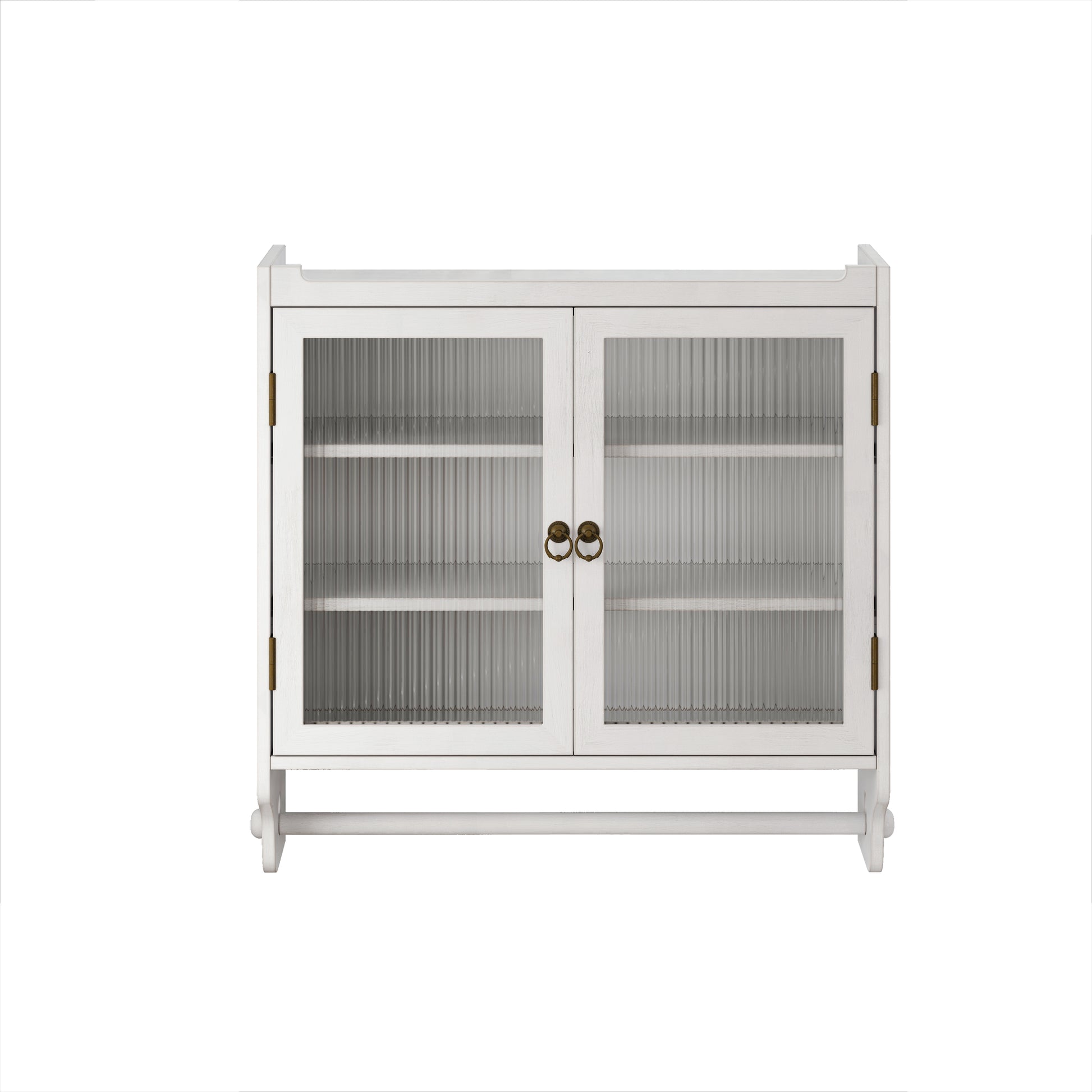 24.8"Glass Door Vintage Double Door Wall Cabinet With Three Tiers Of Storage With Towel Rack, For Bathroom, Kitchen,Dining Room, White Washed White Washed Glass,Solid Wood