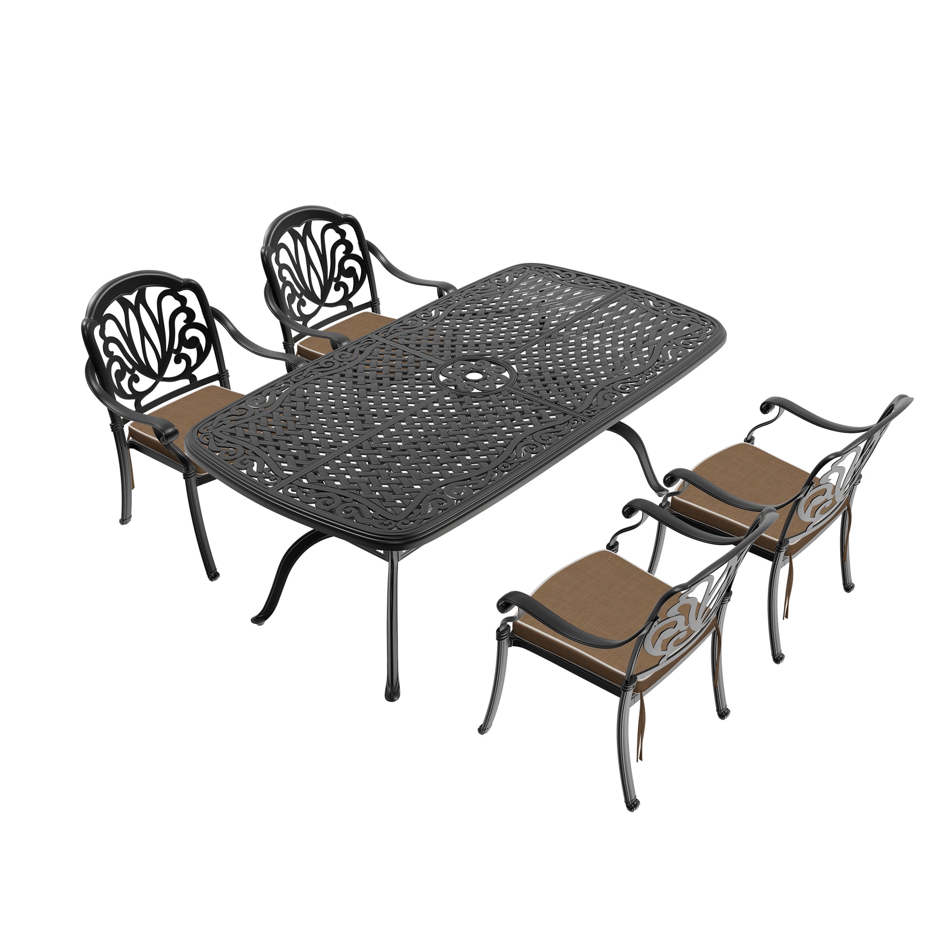 Cushions In Random Colors 5 Piece Set Of Cast Aluminum Patio Furniture With Cushions Yes Dining Set Black Seats 4 Rust Resistant Frame Water Resistant Cushion Garden & Outdoor Complete Patio Sets Aluminium