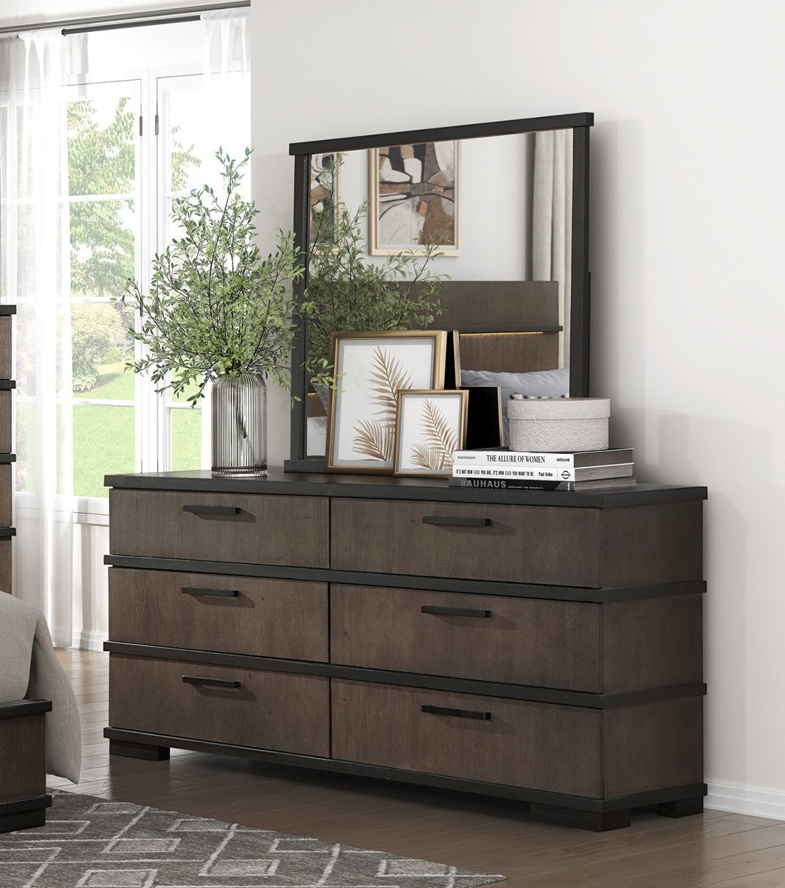 Two Tone Brown Black Finish 6 Drawers Dresser 1Pc Modern Industrial Design Bedroom Furniture Black,Brown Gray Wood