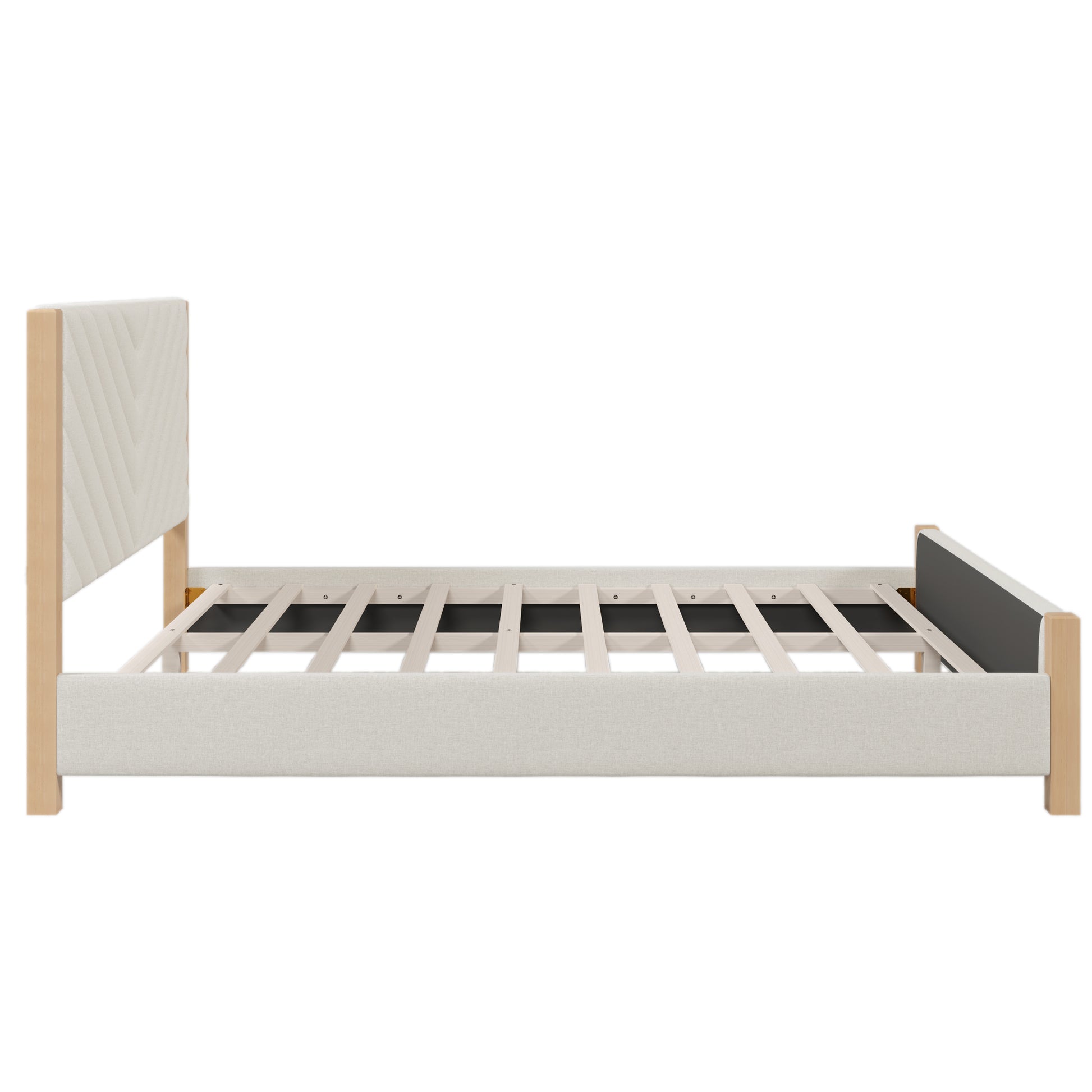 Modern Mid Century Queen Upholstered Platform Bed Frame With Tufted Headboard And Solid Wood Legs,No Box Spring Needed,Beige Box Spring Not Required Queen Beige Wood Bedroom Mid Century Modern,Modern Bed Frame Linen Wood