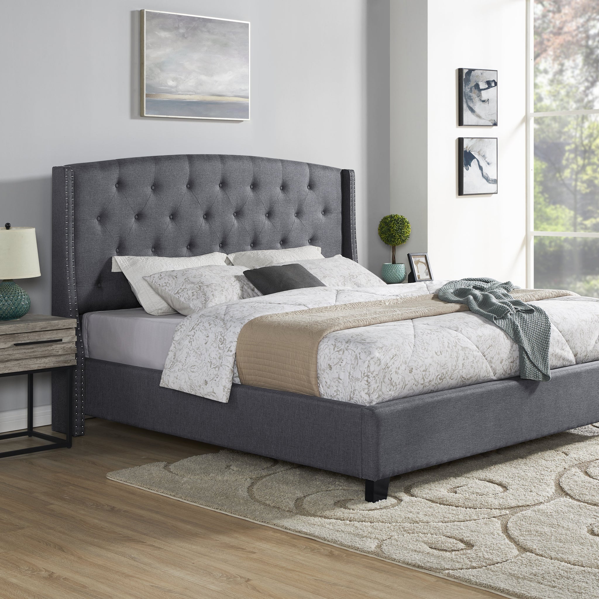 Belize 3 Piece Upholstered Bedroom Set, Tufted Wingback Bed With Two Gray Nightstands Box Spring Required Queen Gray Wood 3 Piece Set Bedroom Bed Included,Nightstand Included Contemporary Wood Tufted Polyester Engineered Wood