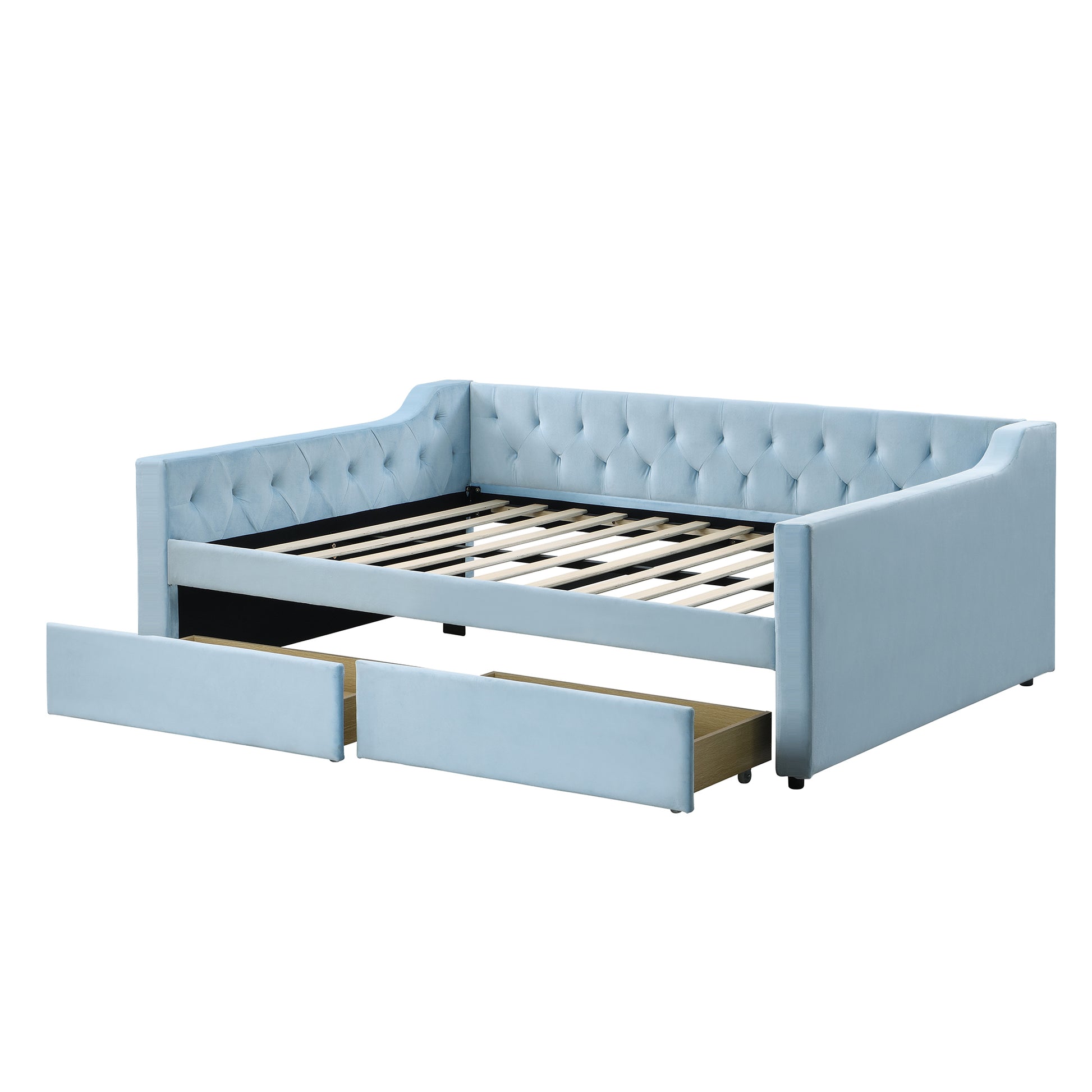 Full Size Upholstered Tufted Daybed With 2 Drawers, Blue Box Spring Not Required Full Blue Wood Daybeds Velvet Upholstered