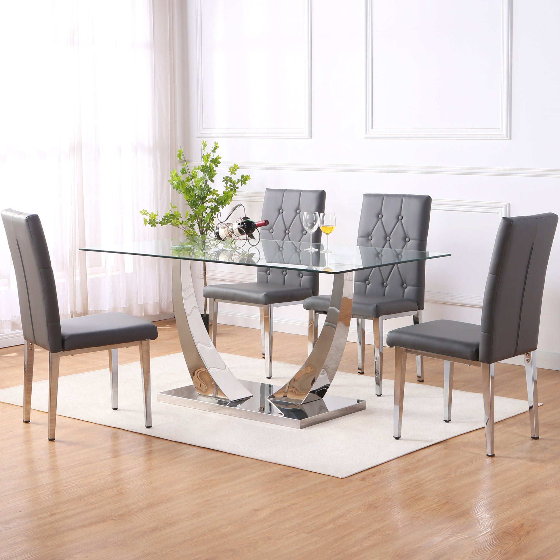 Table And Chair Set, Modern Dining Table, Tempered Glass Tabletop And Silver Colored Leg Table, Soft And Comfortable Dining Chair, Perfect For Dinner, Meetings, Home And Office Decor Gray Seats 4 Glass
