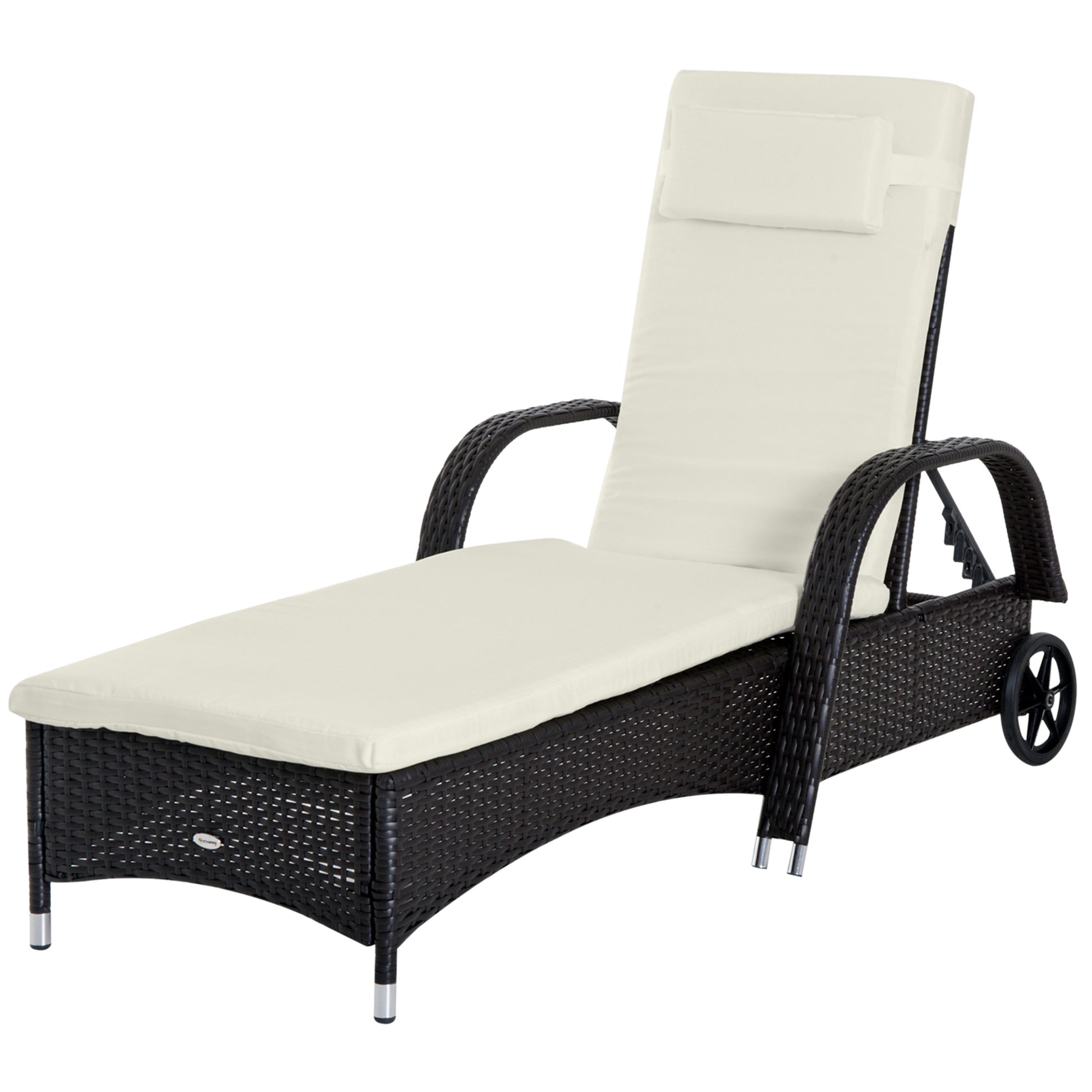 Outsunny Wicker Outdoor Chaise Lounge, 5 Level Adjustable Backrest Pe Rattan Pool Lounge Chair With Wheels, Cushion & Headrest, Dark Coffee And Cream White Colorful Rattan