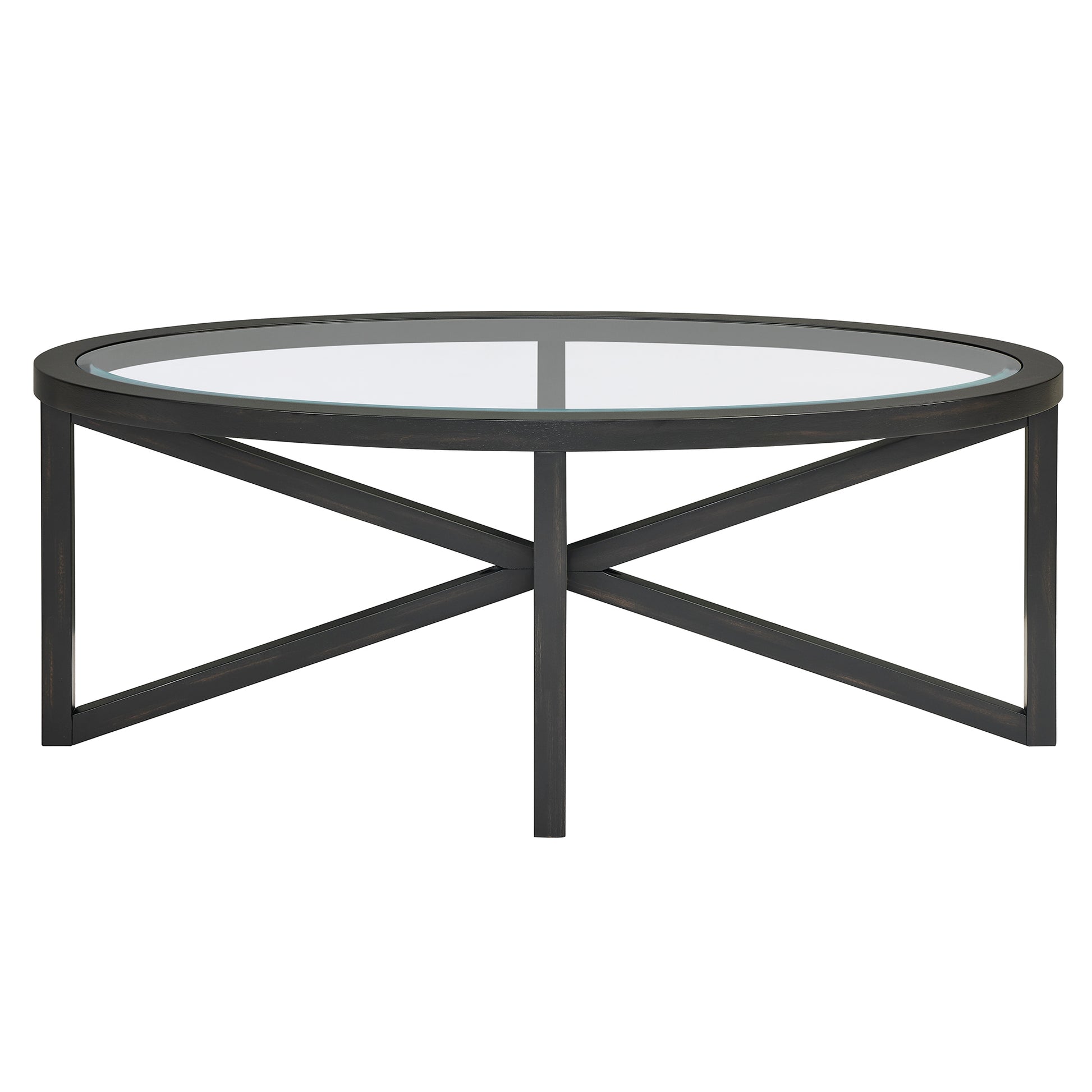 Modern Simple Glass Coffee Table, Tempered Glass Coffee Table Solid Wood Base Round Transparent Glass Top Modern Living Room Terrace Study Coffee Table Black Wood Glass