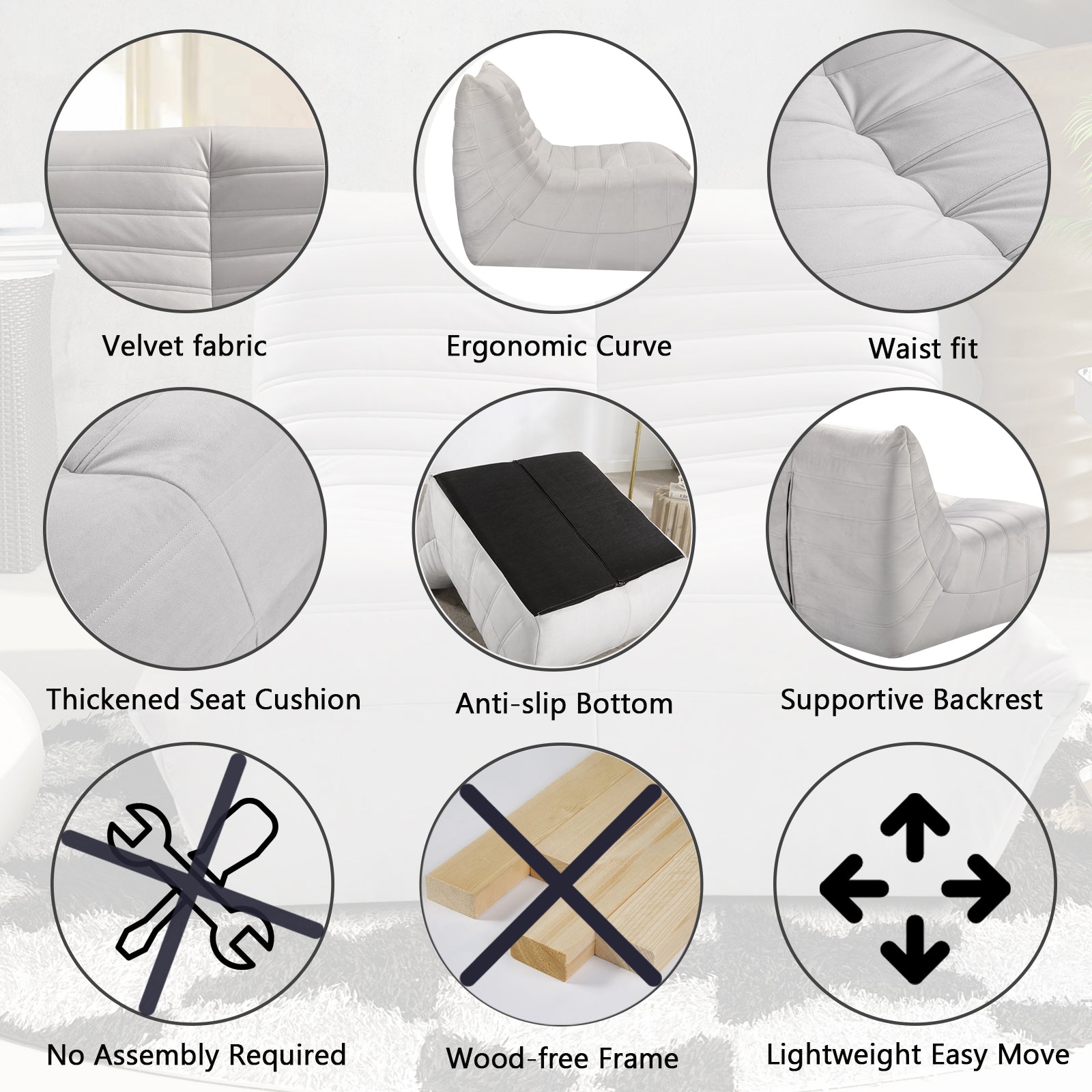 Fireside Chair, Large Bean Bag Chair For Adults, Lazy Floor Sofa For Home, Playing Bean Bag Chair, One Piece High Resillence Sponge, Flannelette Fabric, Light Gray Light Gray Soft Foam Flannelette,Foam