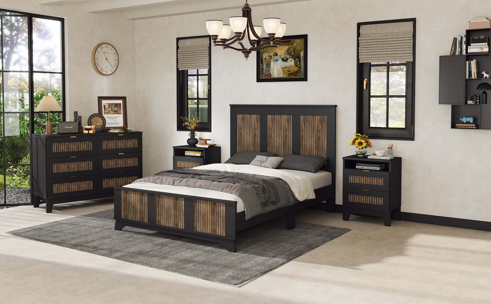 4 Pieces Bedroom Sets, Full Size Farmhouse Platform Bed With Wooden Strip Decoration, Storage Nightstand And Dresser With Metal Handle, Black Full Black 4 Piece Set Particle Board