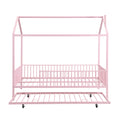 Full Size Metal House Bed With Fence, With Trundle, Pink Full Pink Metal