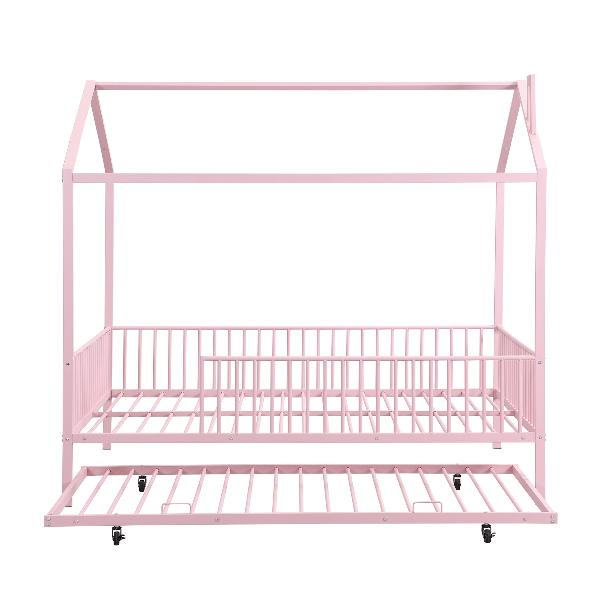Full Size Metal House Bed With Fence, With Trundle, Pink Full Pink Metal