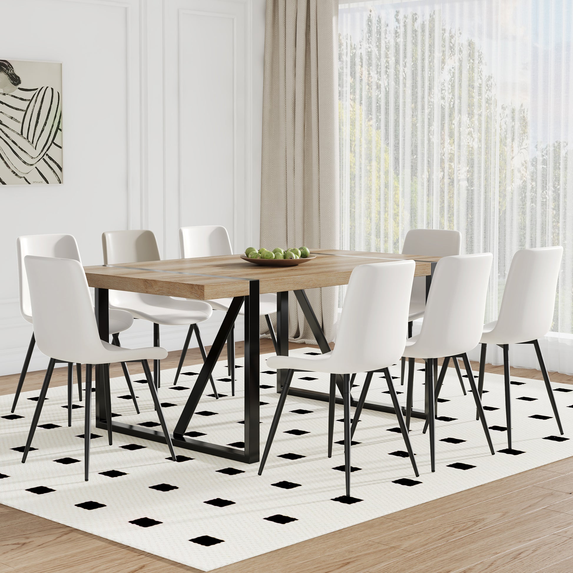 Table And Chair Set, Textured Top In Vintage Wood Color, Black Metal Legs. Dining Chair With White Faux Leather Backrest Cushion With Black Metal Legs. Wood Seats 8 Mdf Metal