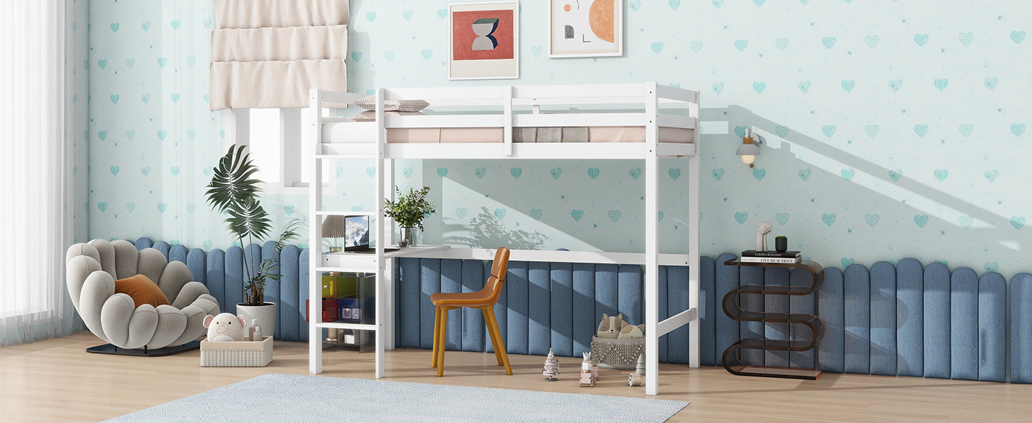 Twin High Loft Bed, Rubber Wood Loft Bed With Safety Guardrail, Built In Desk, Ladder,White Twin White Rubber Wood