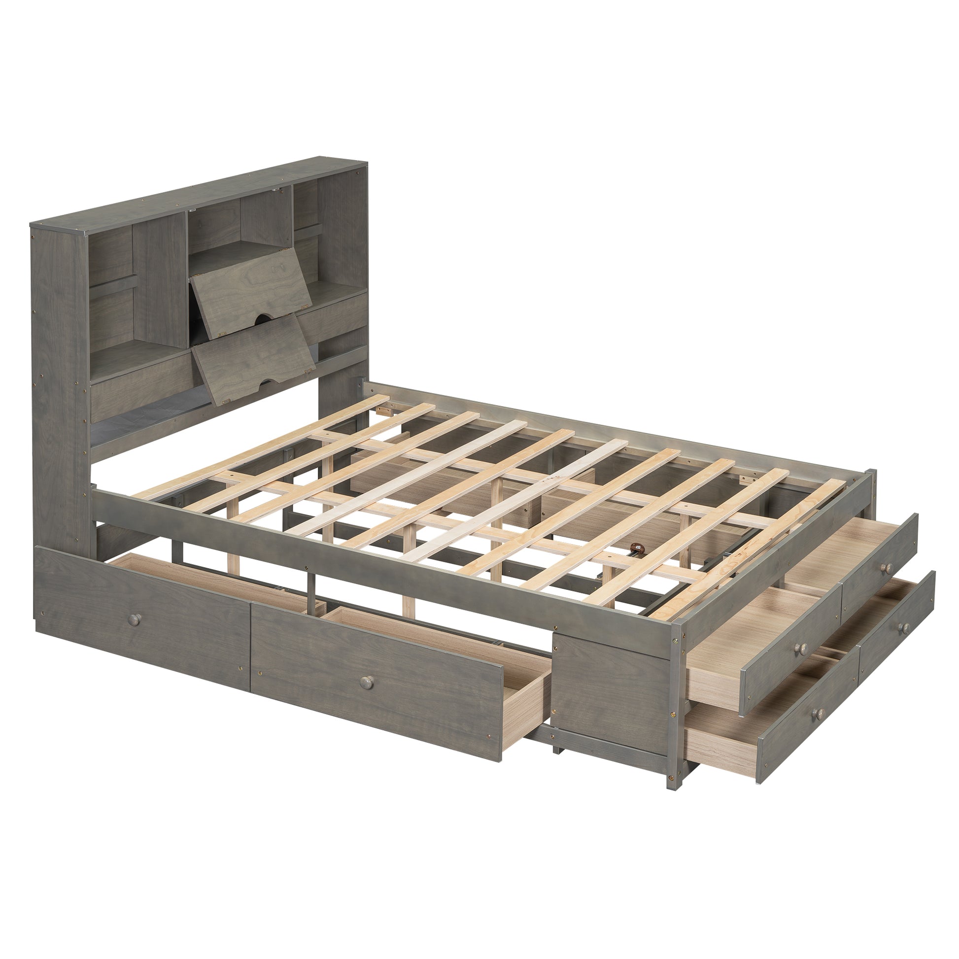 Queen Size Platform Bed With Storage Headboard And 8 Drawers, Gray Box Spring Not Required Queen Gray Wood Bedroom Bed Frame Solid Wood Mdf