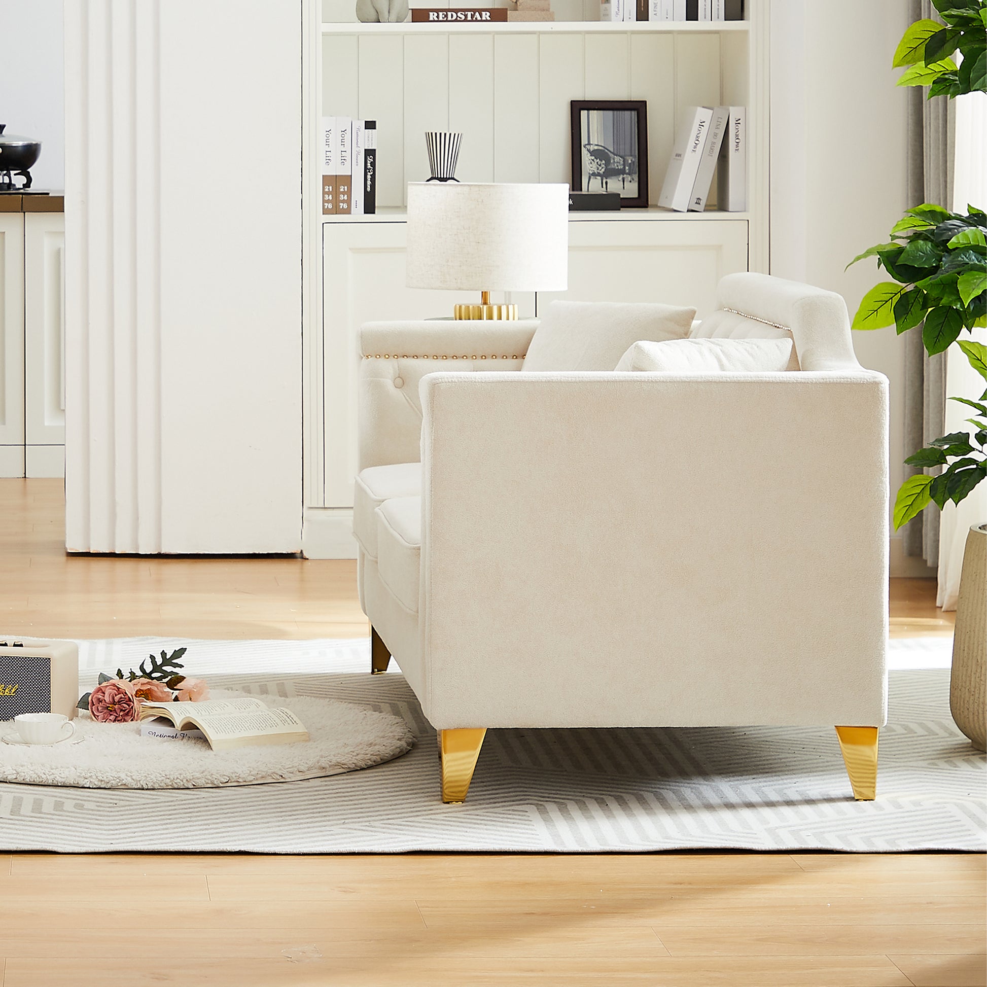 Fx 61.5"Mid Century Design Modern Sofa,Chenille Pull Buckle Design Sofa For Living Room,Buttons Tufted With Copper Nail Decoration Armrest, With 2 Pillows,Modern Couch Upholstered Button And Metal Leg Beige Chenille Wood Pine Foam Fabric 2 Seat