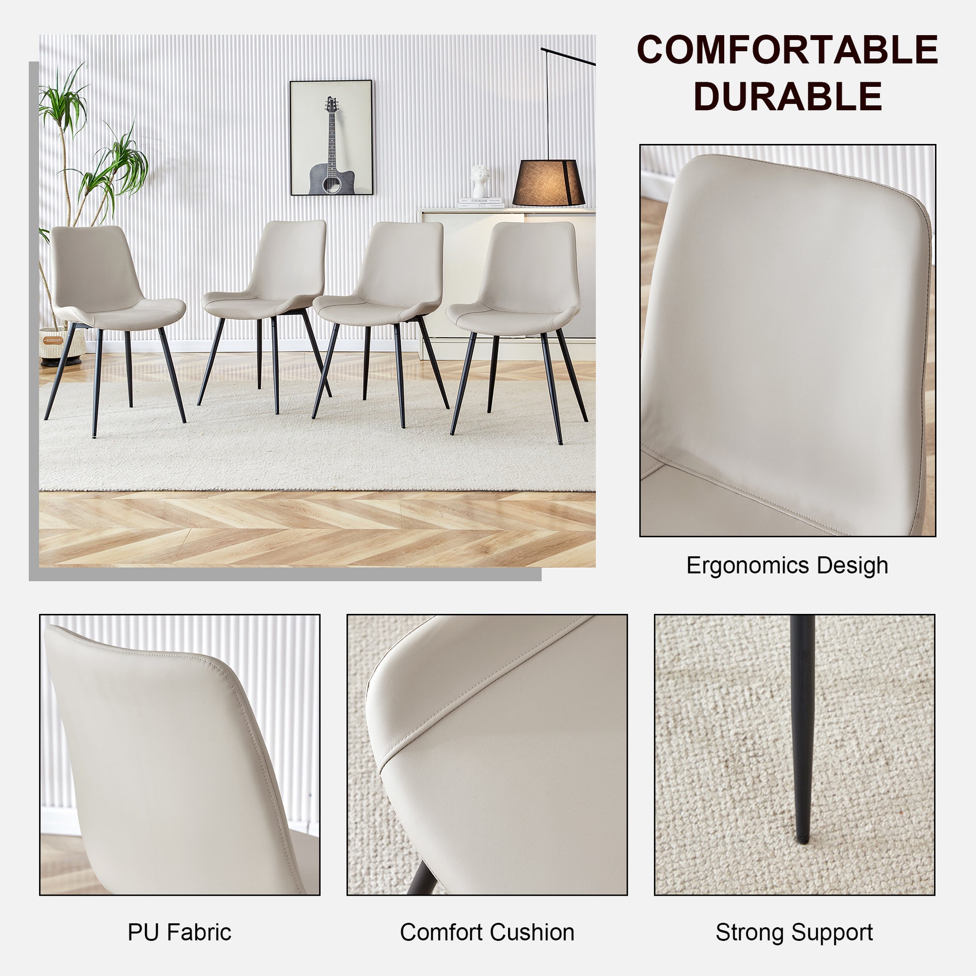 Table And Chair Set, White Imitation Marble Texture Rock Board Table Top, Black Metal Table Legs, Stable And Beautiful. Modern Simple Dining Table, Comfortable Seating. White Gray Seats 4 Metal