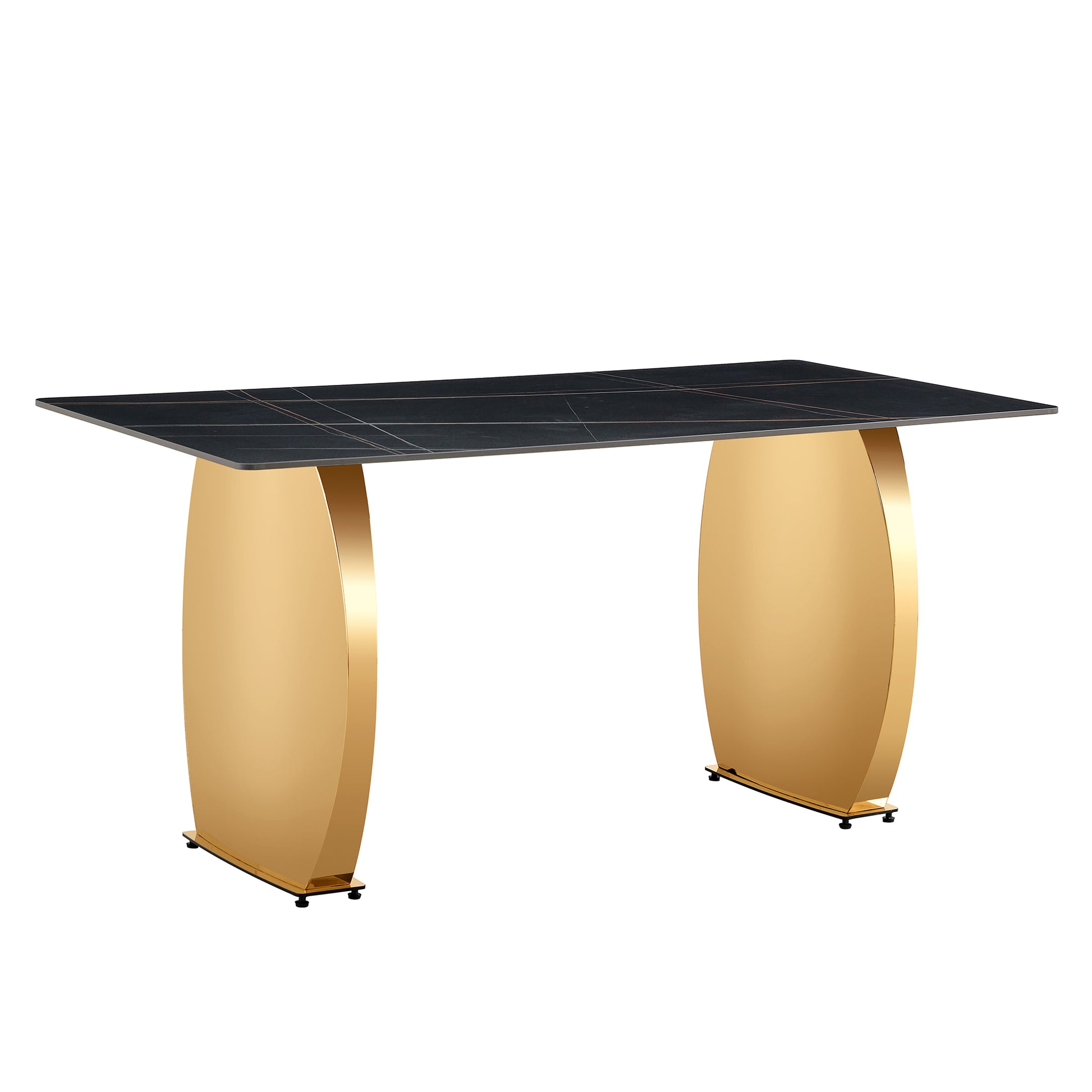 Modern Rectangular Table With 0.4 Inch Black Patterned Tabletop And Gold Legs, Suitable For Kitchen, Dining Room, And Living Room 63 Inches * 31.4 Inches * 30 Inches Gold Sintered Stone