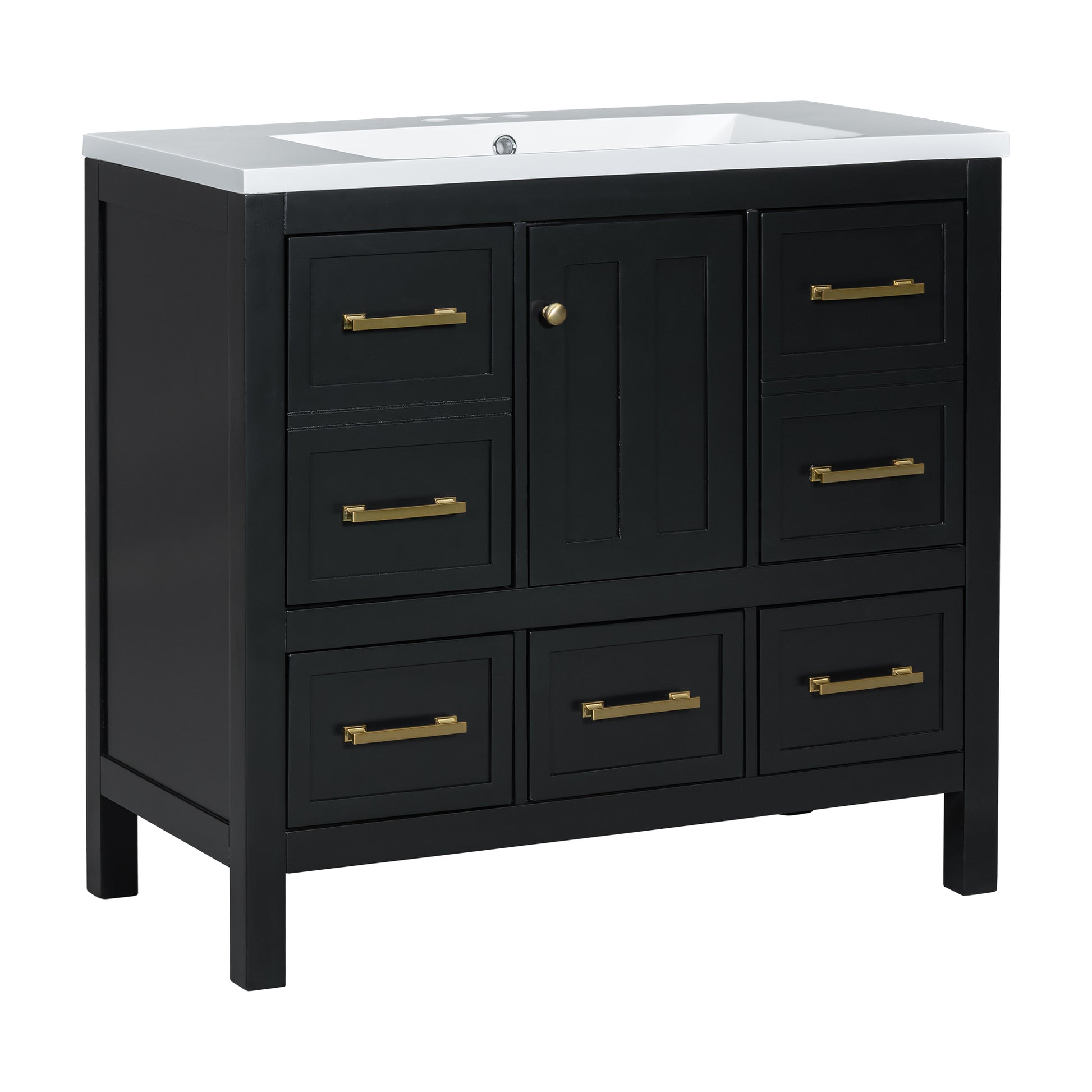 36'' Bathroom Vanity With Resin Sink Combo, Solid Wood Frame Bathroom Storage Cabinet, Freestanding Vanity Set With 5 Drawers& Soft Closing Doors Same As Sw000142Aab Black Bathroom Solid Wood Mdf Resin