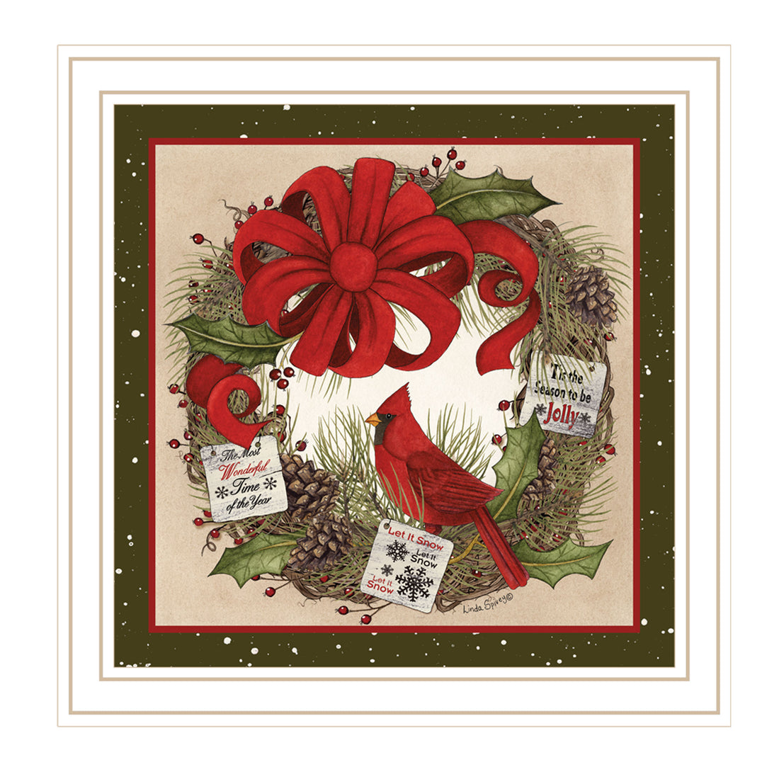 Cardinal Wreath White Framed Wall Art For Living Room, Bedroom Wall Art Print For Home Decor By Linda Spivey Multicolor Wood Paper