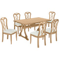Retro 7 Piece Trestle Dining Table Set With Upholstered Dining Chairs, Smooth Dining Backs For Dining Room, Living Room, Kitchen, Natural Upholstered Chair Wood Natural Beige Seats 6 Wood Dining Room Solid Wood Rubberwood Trestle Rectangular Foam Dining