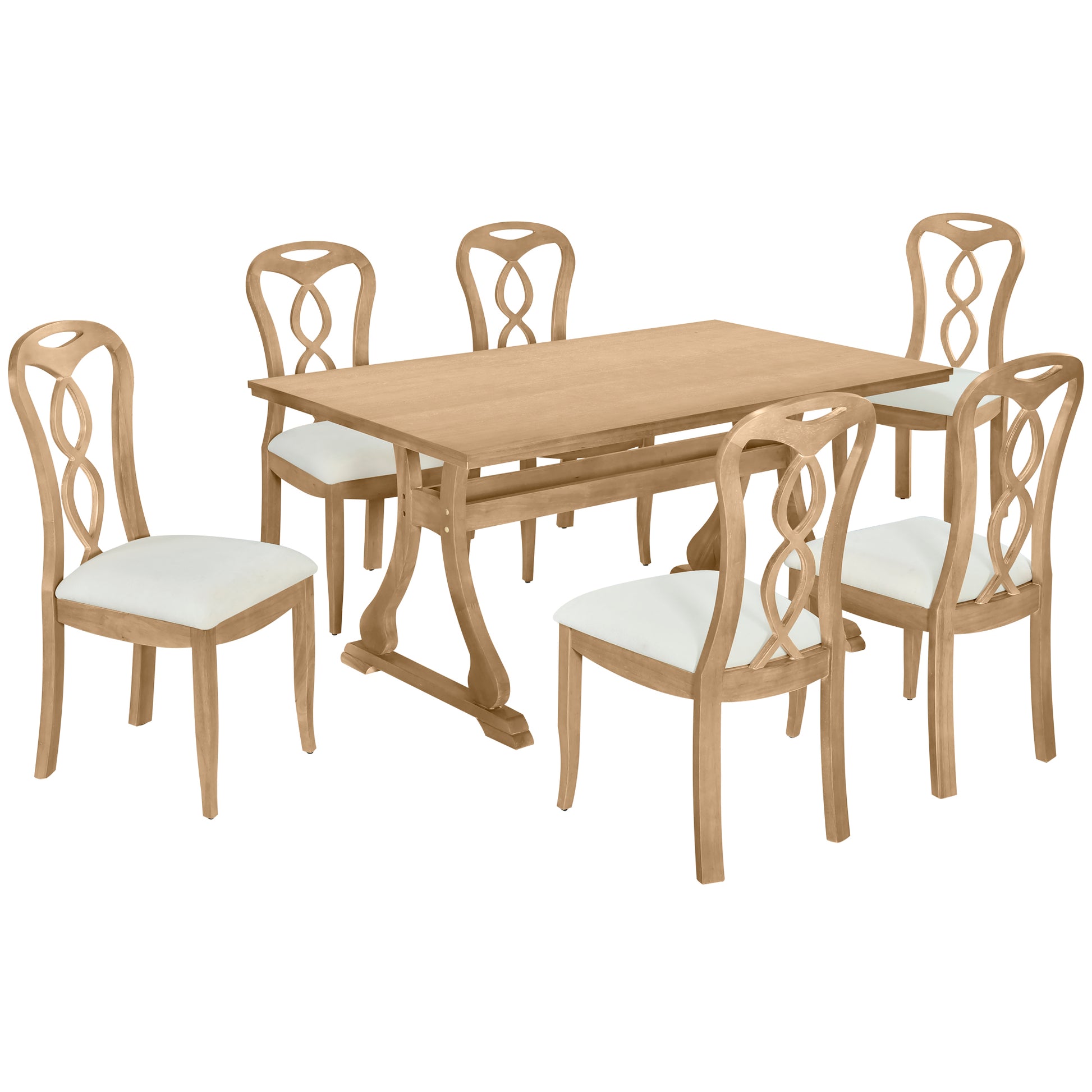 Retro 7 Piece Trestle Dining Table Set With Upholstered Dining Chairs, Smooth Dining Backs For Dining Room, Living Room, Kitchen, Natural Upholstered Chair Wood Natural Beige Seats 6 Wood Dining Room Solid Wood Rubberwood Trestle Rectangular Foam Dining