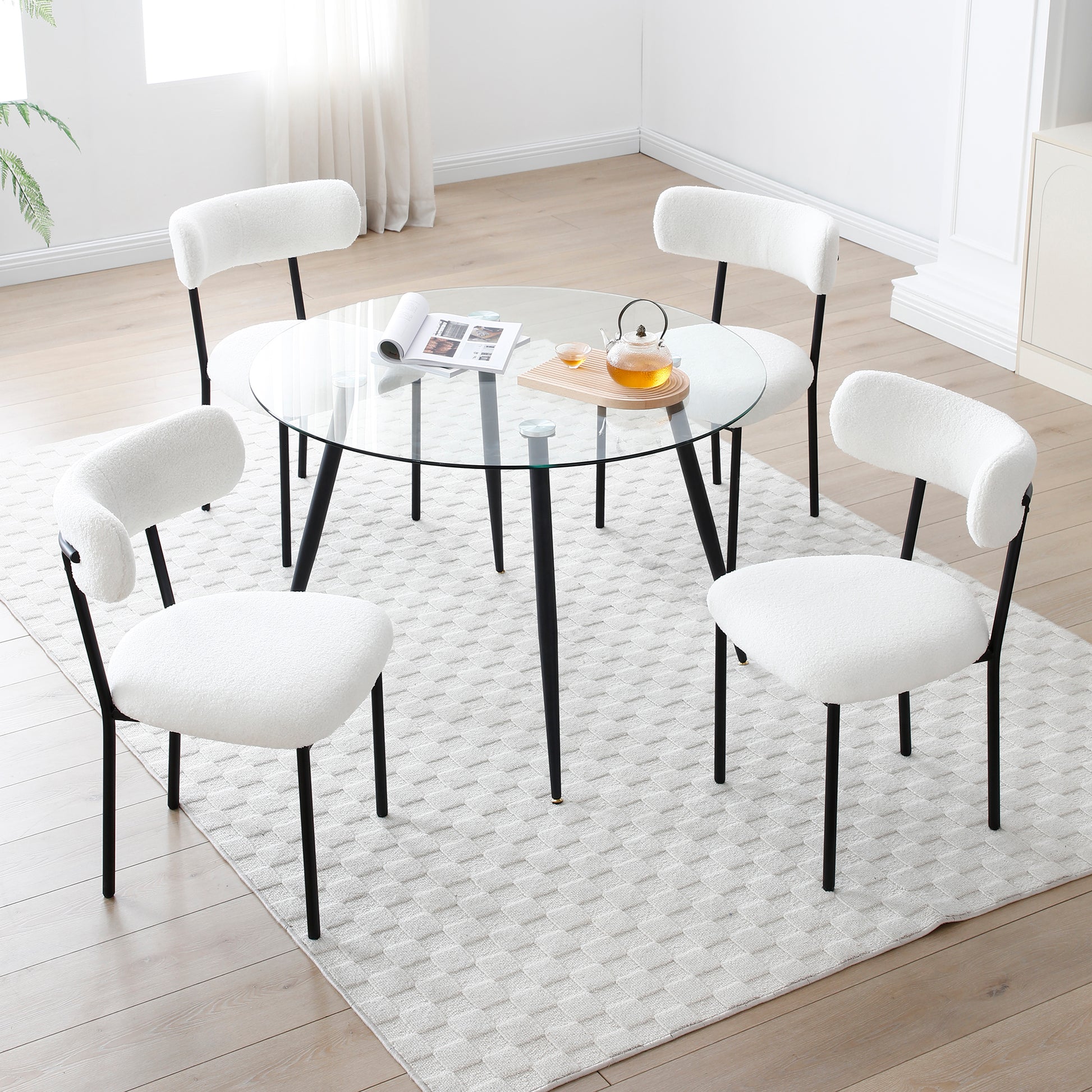 Dining Chairs Set Of 2,Round Upholstered Sherpa Fabric Dining Room Chairs With Curved Backrest,Mid Century Modern Accent Chairs With Black Metal Legs For Dining Room,Living Room,Kitchen Beige Foam