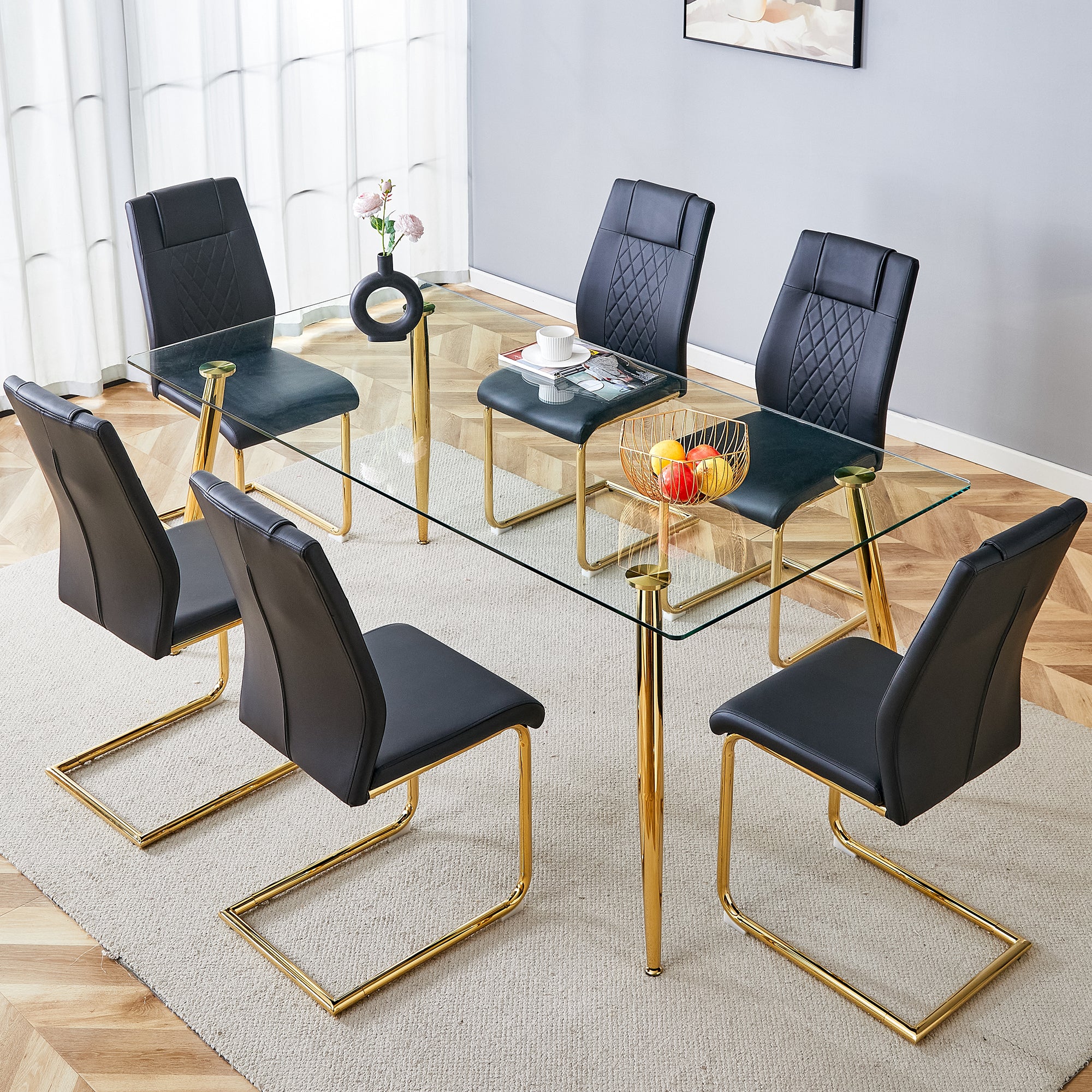 Table And Chair Set.Modern Rectangular Glass Dining Table With A Tempered Glass Tabletop And Metal Legs, Paired With Multiple Chairs Designed With Pu Cushions And Golden Metal Legs. Black Gold Seats 6 Tempered Glass