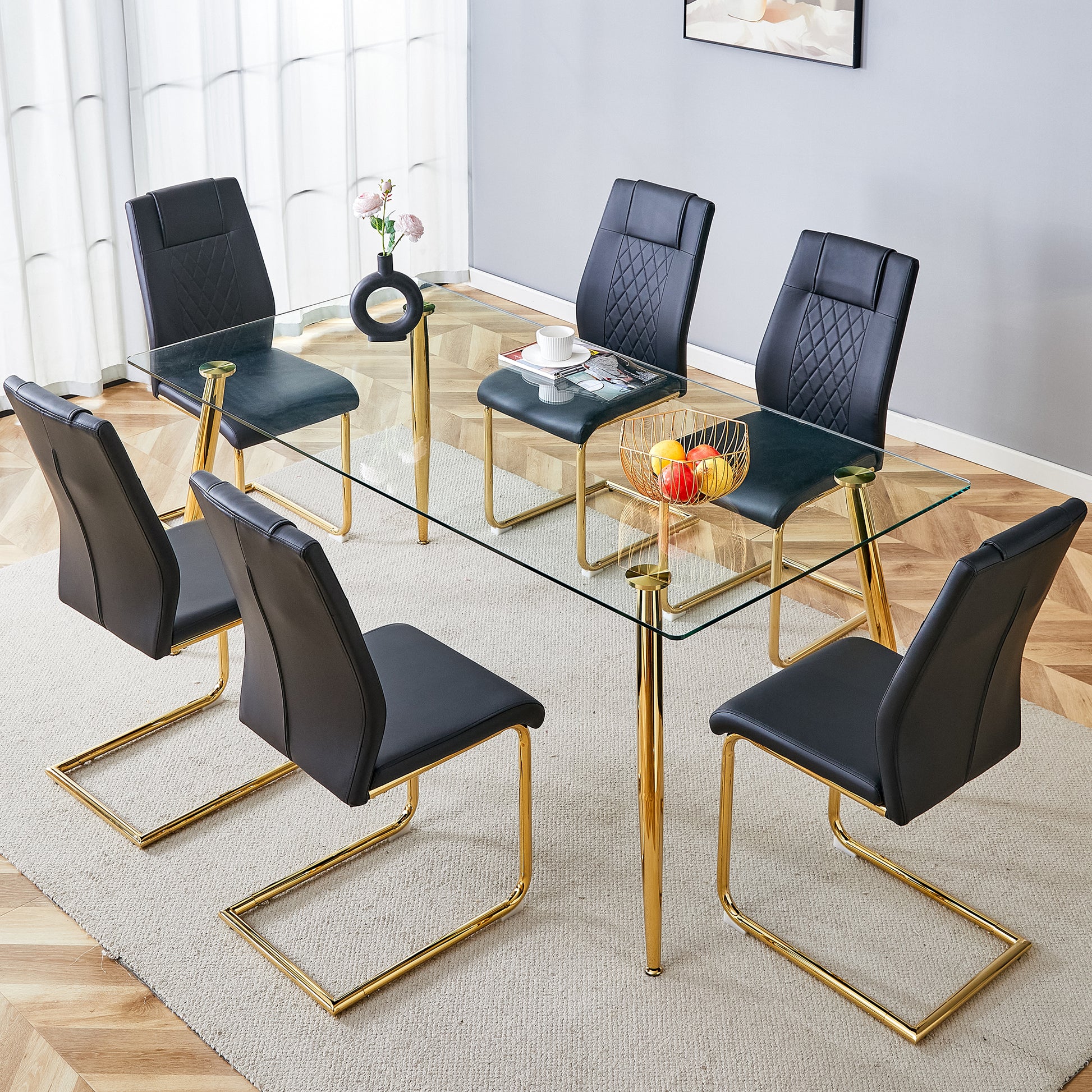 Table And Chair Set.Modern Rectangular Glass Dining Table With A Tempered Glass Tabletop And Metal Legs, Paired With Multiple Chairs Designed With Pu Cushions And Golden Metal Legs. Black Gold Seats 6 Tempered Glass