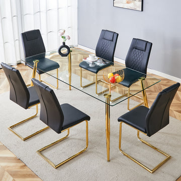 Table And Chair Set.Modern Rectangular Glass Dining Table With A Tempered Glass Tabletop And Metal Legs, Paired With Multiple Chairs Designed With Pu Cushions And Golden Metal Legs. Black Gold Seats 6 Tempered Glass