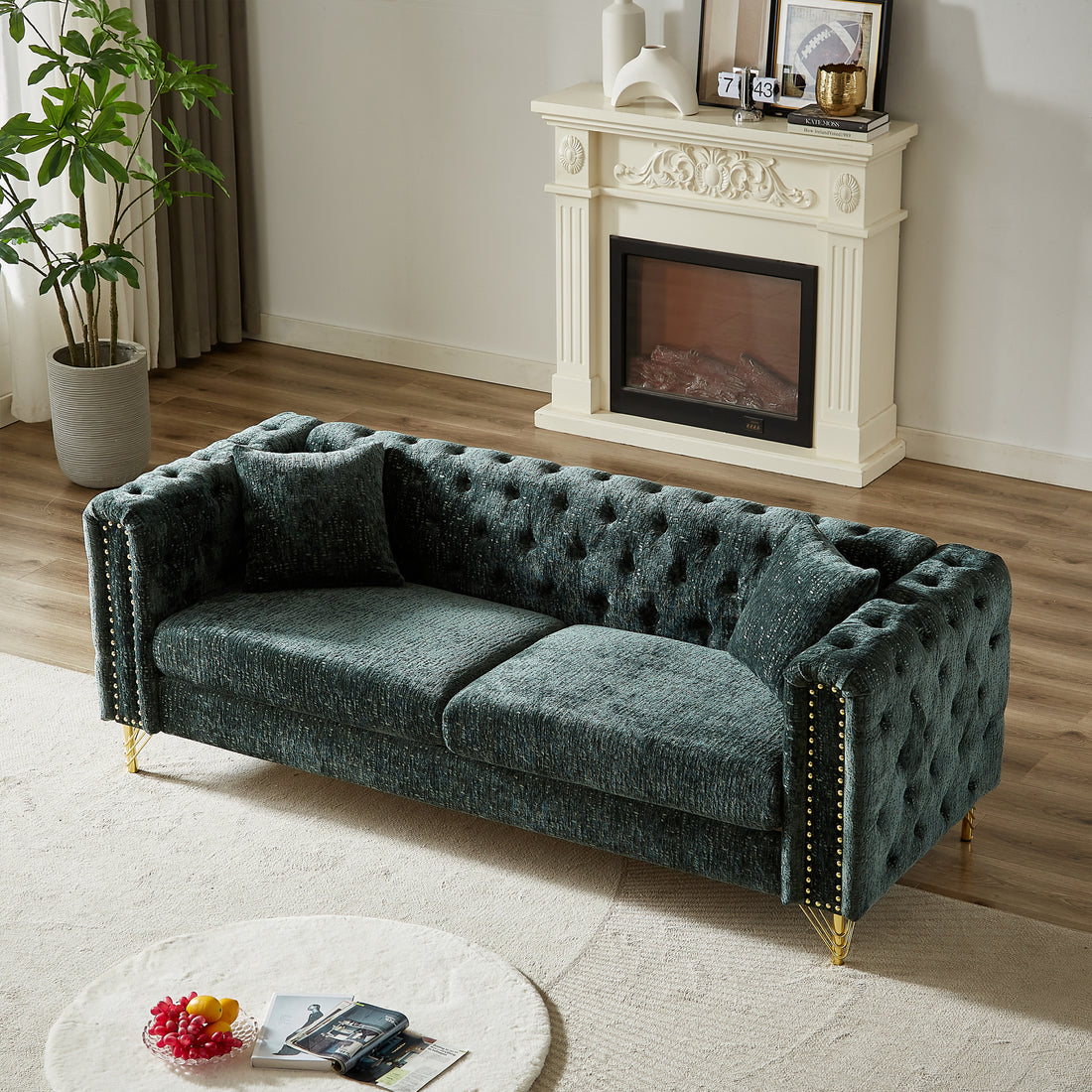 82 Inch Chenille Pull Buckle Design Sofa For Living Room,Buttons Tufted With Copper Nail Decoration Armrest, Modern Couch Upholstered Button And Metal Legs Green Foam Chenille 3 Seat