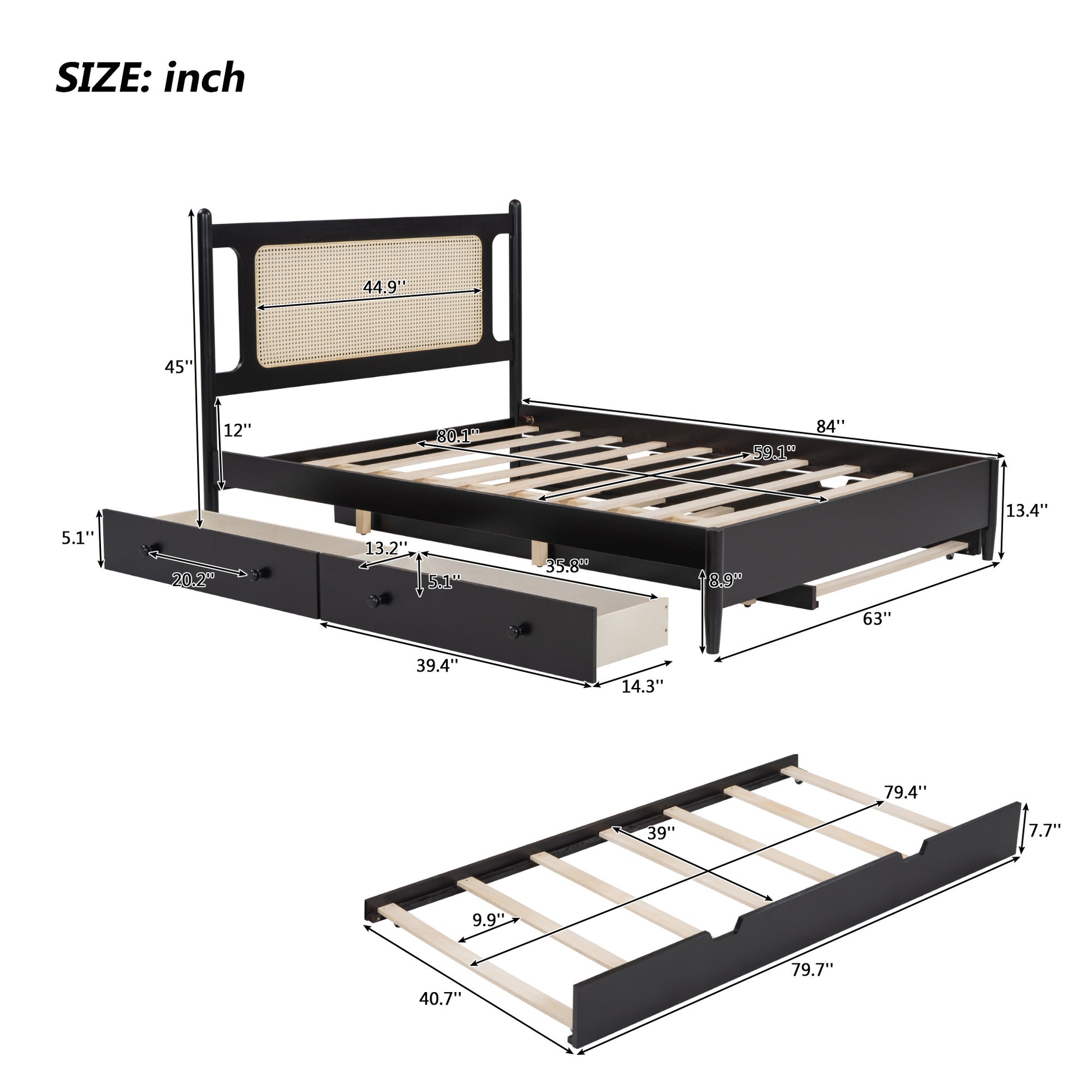 Queen Size Wooden Rattan Platform Bed, With 2 Big Drawers, T Size Trundle, Espresso Queen Espresso Plywood