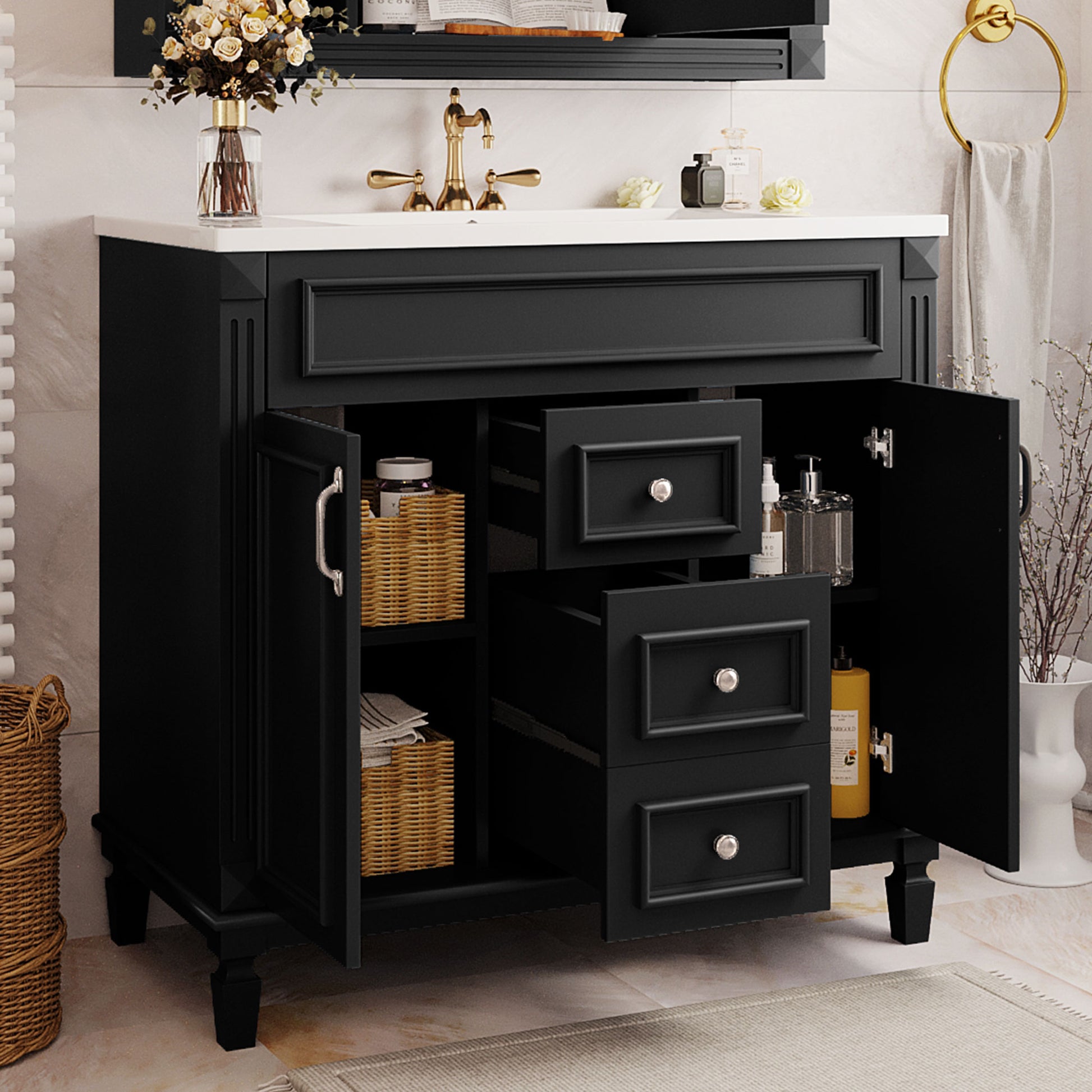 36'' Bathroom Vanity With Top Sink, Modern Bathroom Storage Cabinet With 2 Soft Closing Doors And 2 Drawers, Single Sink Bathroom Vanity Black Bathroom Modern Mdf Ceramic,Solid Wood Mdf