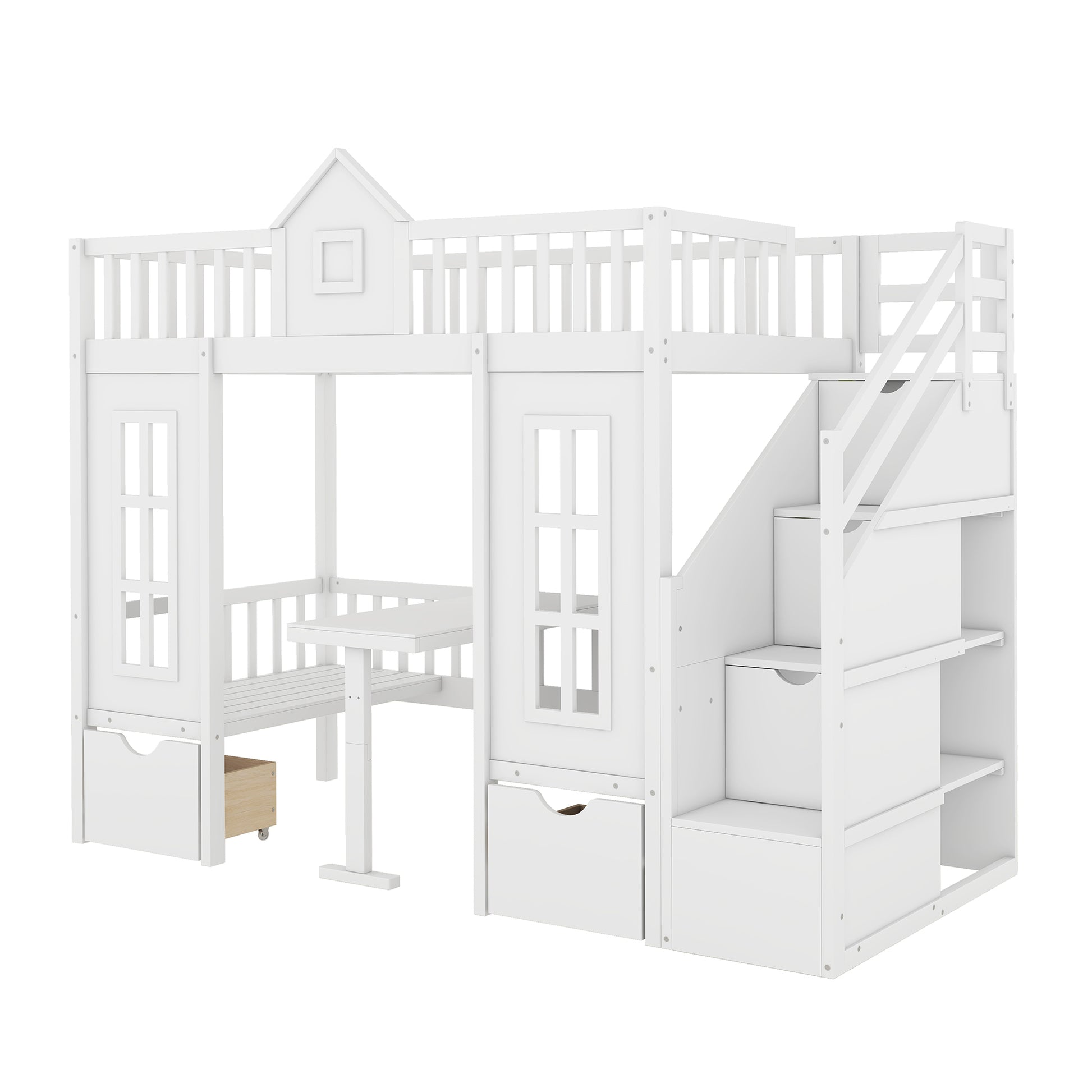 Twin Over Twin Bunk Bed With Changeable Table, Bunk Bed Turn Into Upper Bed And Down Desk White Twin White Solid Wood