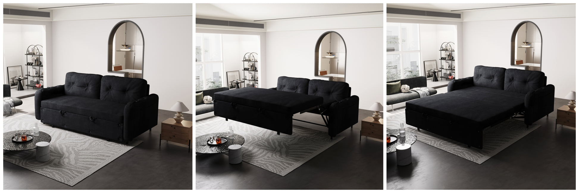 66.2" Queen Pull Out Sofa Bed, Hydraulic System Convertible Sleeper Sofa With Storage And 2 Soft Pillows, Tufted Button Upholstered Couch,Multi Functional Velvet Loveseat Bed,Black Black Velvet 2 Seat