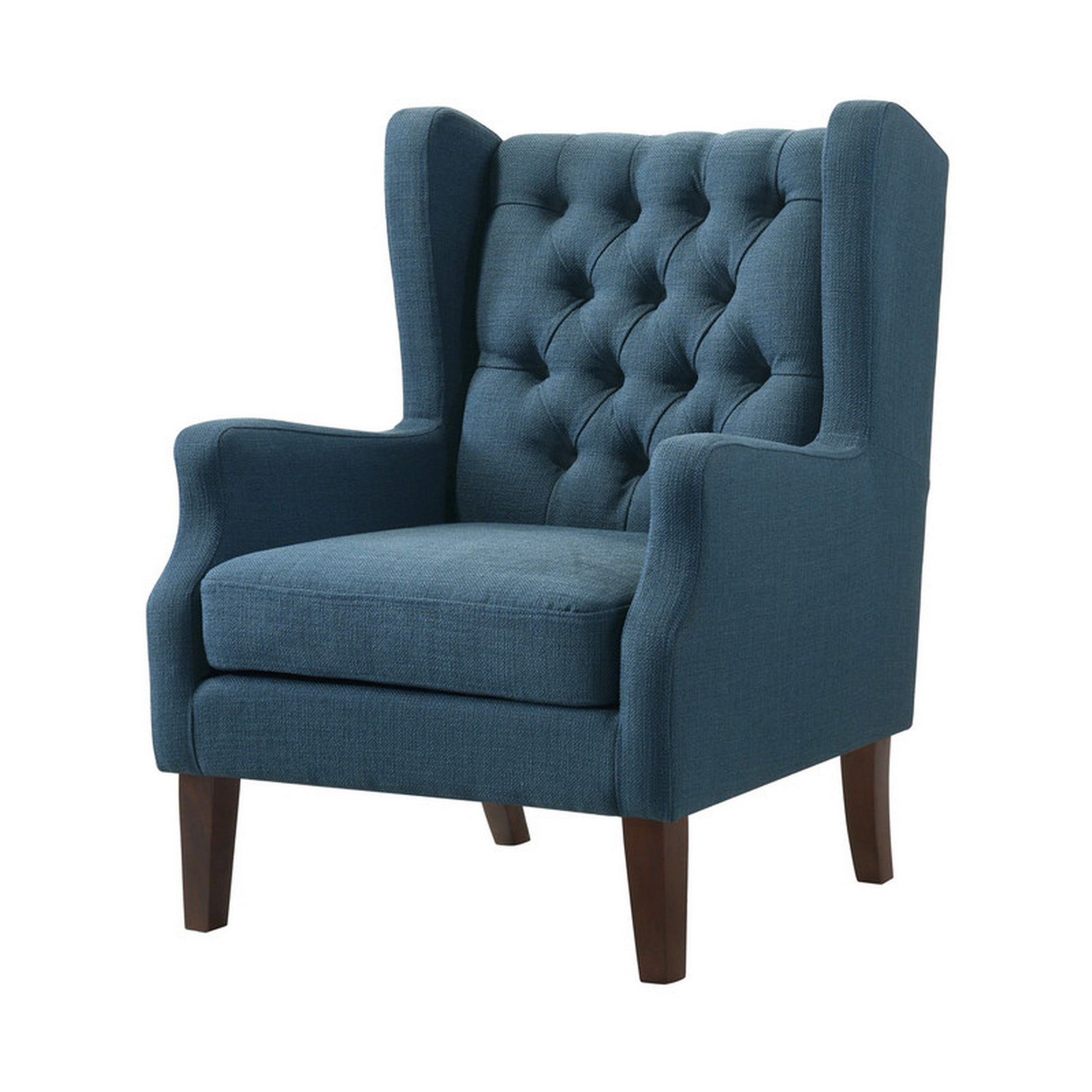 Keva 31 Inch Accent Chair, Deep Button Tufted Wingback, Smooth Blue Fabric Black Blue Wood Fabric