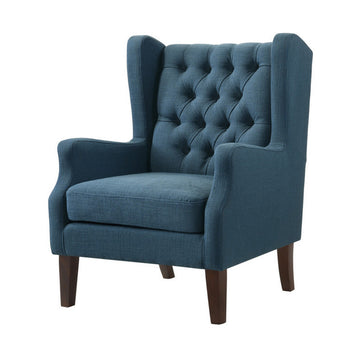 Keva 31 Inch Accent Chair, Deep Button Tufted Wingback, Smooth Blue Fabric Black Blue Wood Fabric