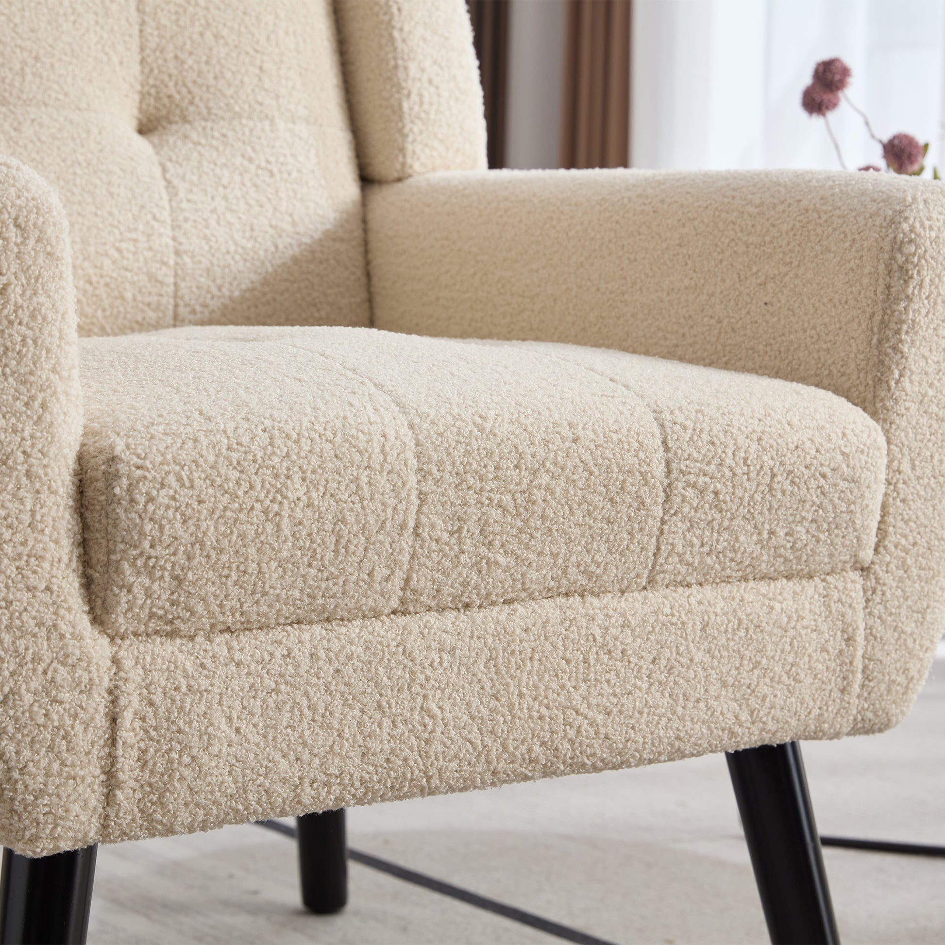 Modern Soft Teddy Material Ergonomics Accent Chair Living Room Chair Bedroom Chair Home Chair With Black Legs For Indoor Home White Teddy Fabric White Foam Upholstered