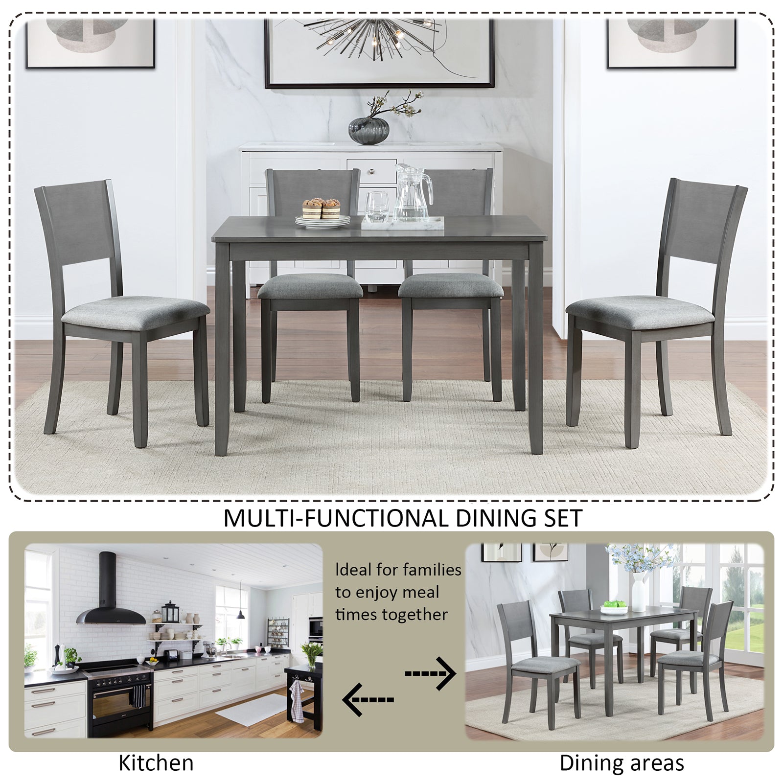 5 Piece Modern Dining Set, Rectangular Wooden Dining Table With 4 Upholstered Chairs For Kitchen, Dining Room, Gray Wood Gray Seats 4 Gray Wood Dining Room Acacia 4 Leg Rectangular Dining Table With Chair Acacia Wood