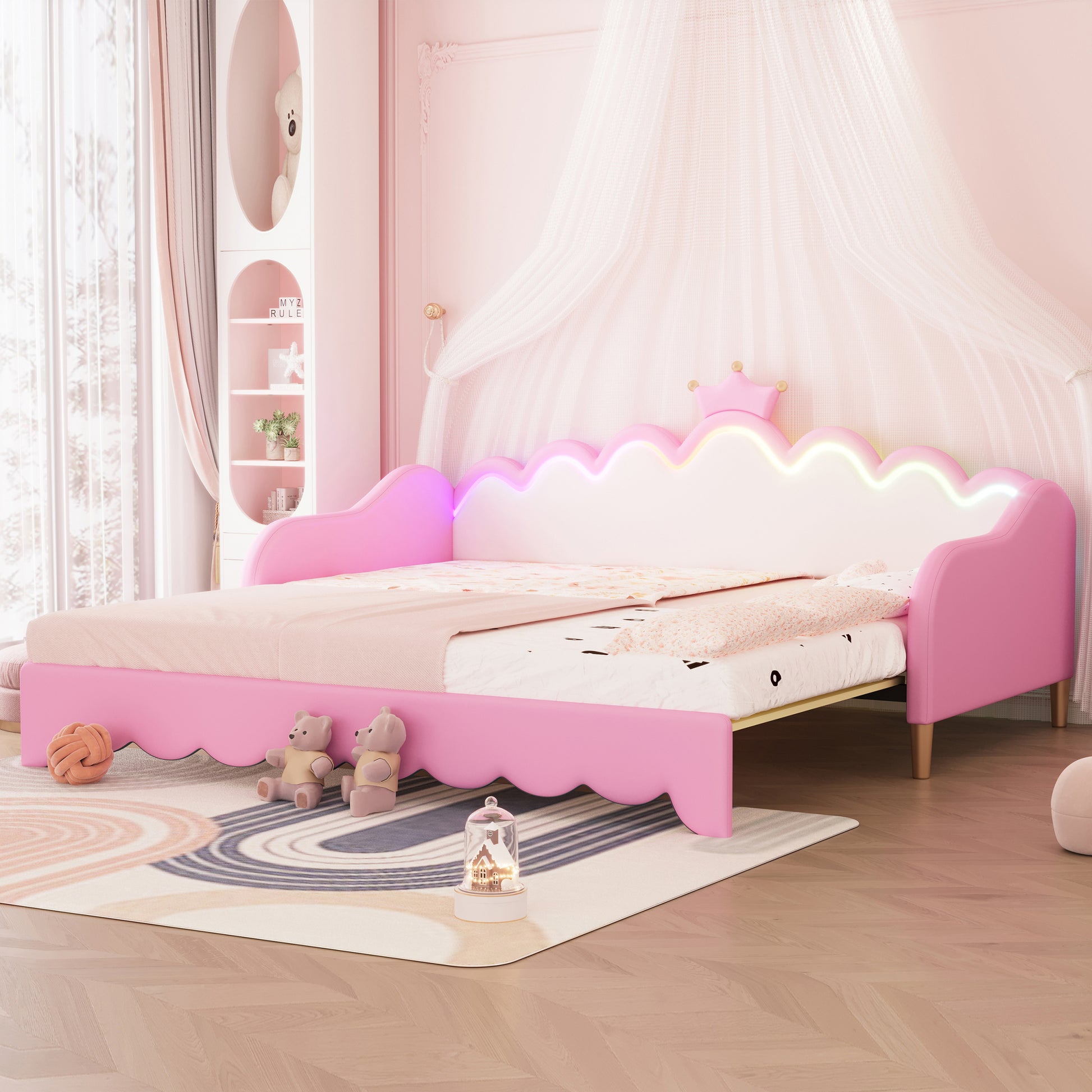 Twin Extending Daybed With Led Lights, Modern Upholstered Princess Daybed With Crown Headboard,Pink Twin Pink Wood