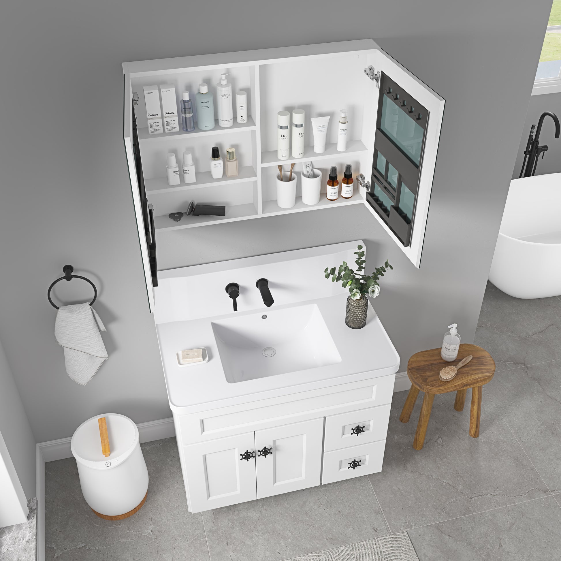 36'' W X 26'' H Bathroom Mirror Medicine Cabinet Wooden Door Medicine Cabinets For Bathroom, Wall Mounted Recessed Or Surface, Bathroom Mirror With Storage White Engineered Wood