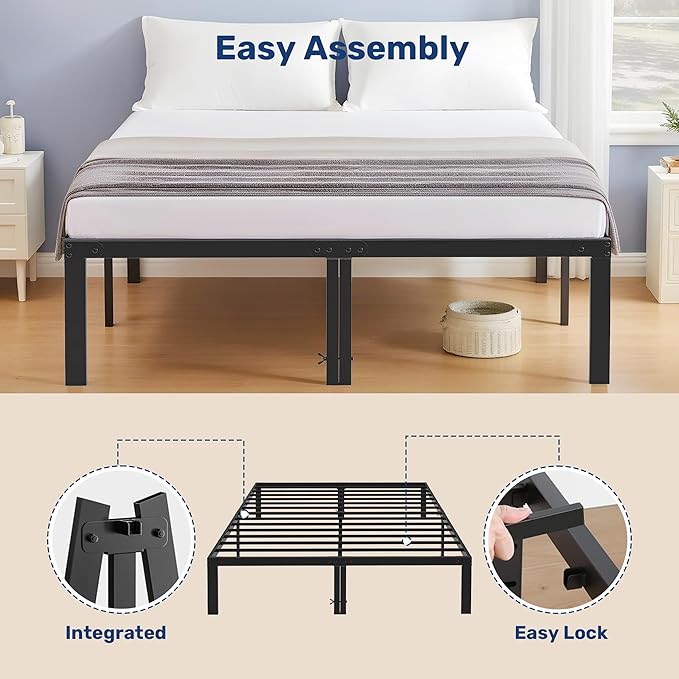 Full Size Bed Frame, 14 Inch Platform Bed No Box Spring Needed, Sturdy Metal Bed Frame Full Size, Storage Space Under The Bed Heavy Duty Frame Bed, Black Black Metal