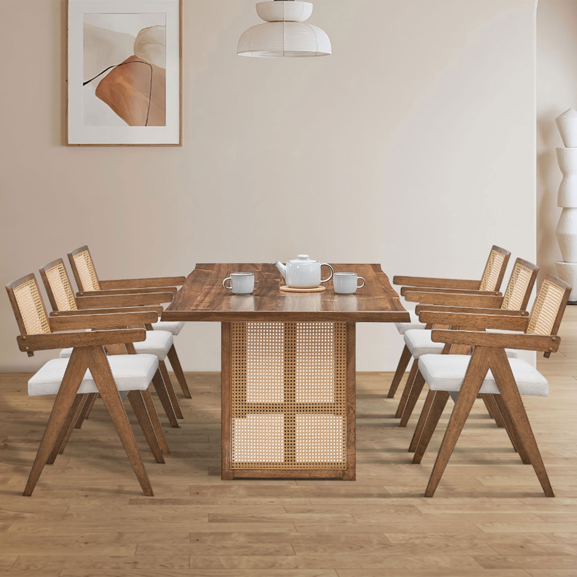 86.61 Inch Oversize Rectangular Waves Dining Table,Wooden Dining Table For 6 Persons,Mid Century Modern Large Kitchen Table For Living Room,Bohemian Dining Table With Rattan Weave For Restaurant Oak