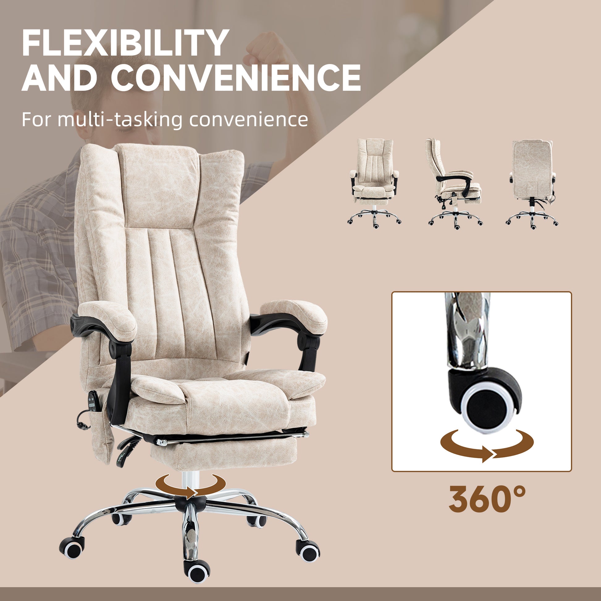 Vinsetto Microfiber Office Chair, High Back Computer Chair With 6 Point Massage, Heat, Adjustable Height And Retractable Footrest, Cream White Cream White Polyester