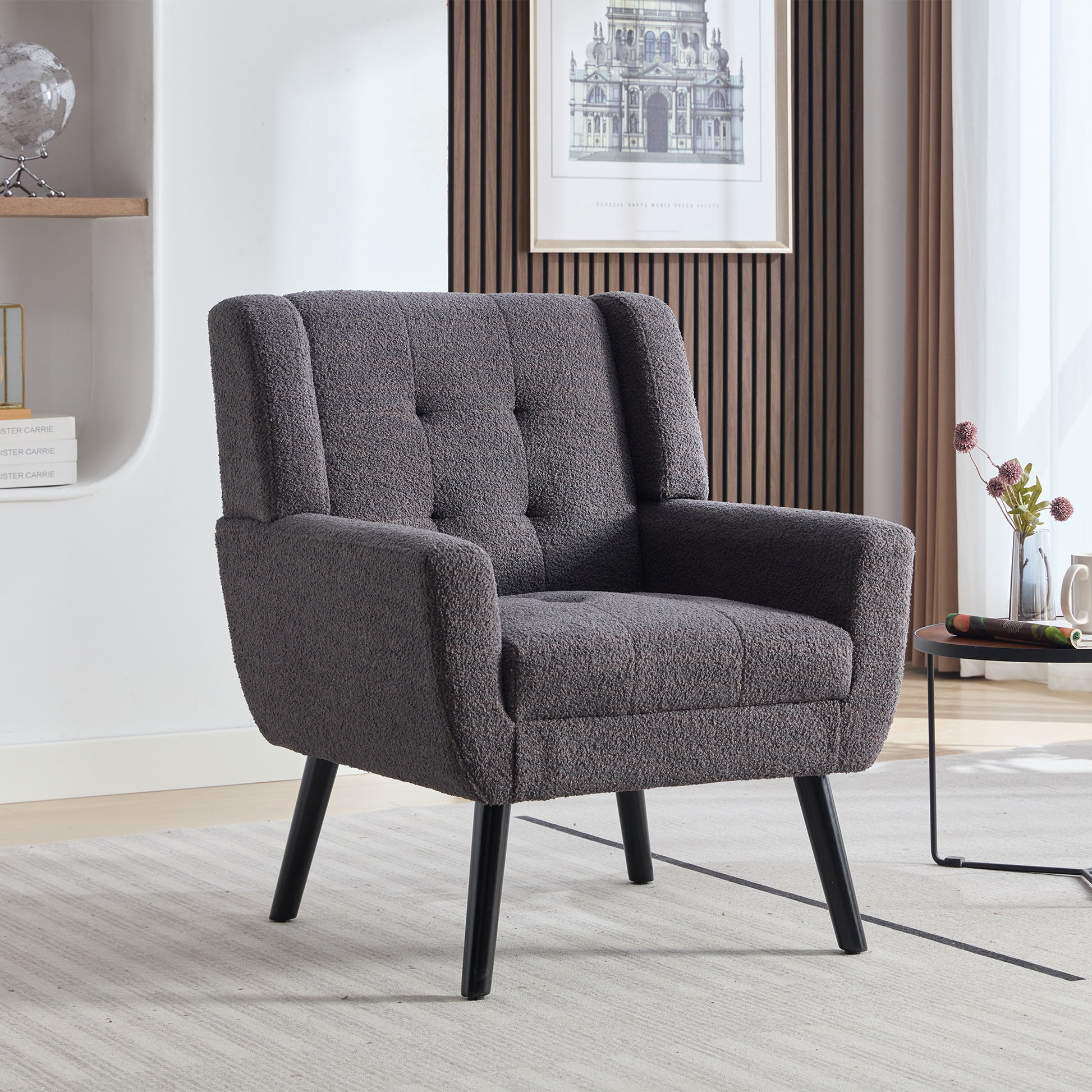 Modern Soft Teddy Material Ergonomics Accent Chair Living Room Chair Bedroom Chair Home Chair With Black Legs For Indoor Home Grey Teddy Fabric Grey Foam Upholstered