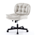 Armless Office Desk Chair With Wheels: Pu Leather Cross Legged Wide Chair,Comfortable Adjustable Swivel Computer Task Chairs For Home,Office,Make Up,Small Space,Bed Room Creamy White Antique Fiber Foam And Polyester Fiber Pad Pvc