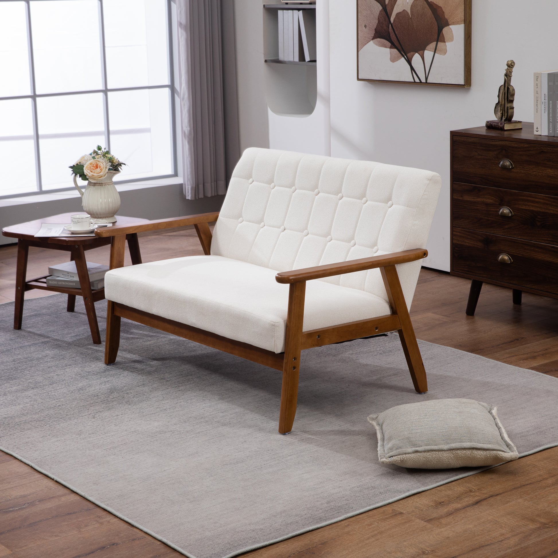 Coolmore Mid Century Modern Solid Loveseat Sofa Upholstered Linen Loveseat, 2 Seat Upholstered Loveseat Sofa Modern Couch Beige Linen 2 Seat