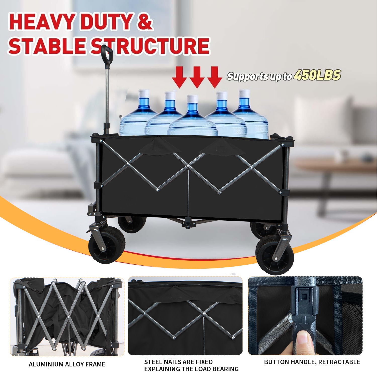 Collapsible Folding Wagon, Push Pull Foldable Beach Wagon Cart Black Steel