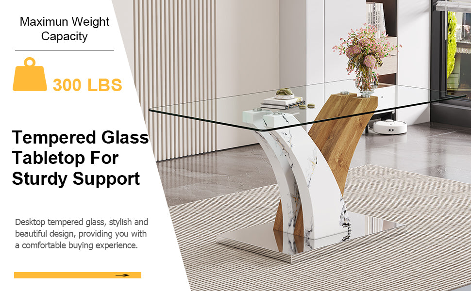 Table And Chair Set.Modern Dining Table, Tempered Glass Countertop With Artistic Mdf Legs.Paried With 6 Comfortable Chairs With Pu Seats And Metal Legs. Suitable For Various Decoration Styles. Black,Transparent Seats 6 Mdf Glass