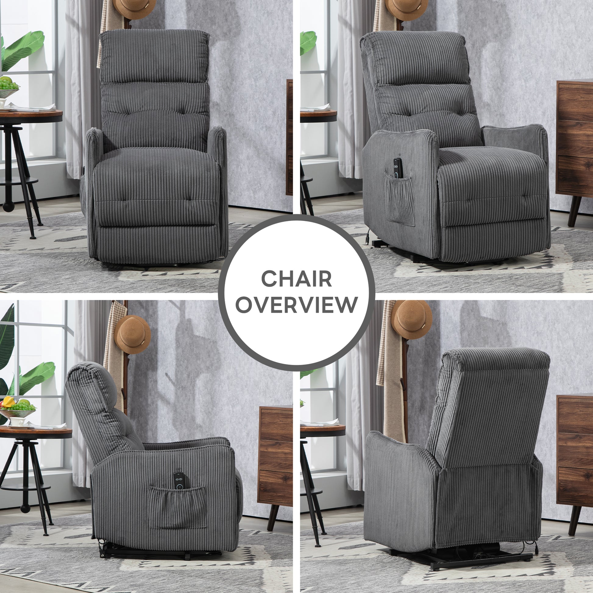 Coolmore Recliner Chair, Electric Recliner Chairs For Adults, Side Pocket Power Reclining Chair Pocket Springs Seat Cushion, Corduroy Fabric Recliner Sofa For Living Room, Bedroom, Home Theater Dg Dark Gray Foam Corduroy