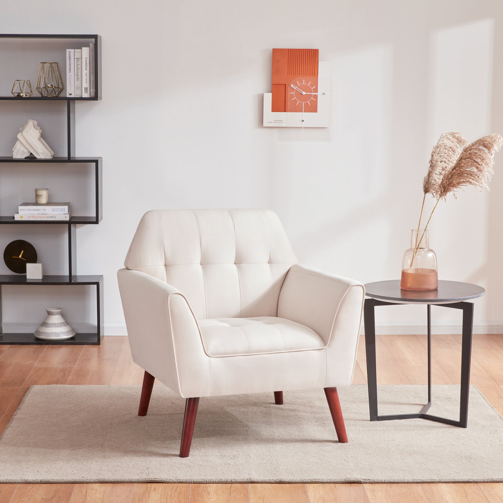 Accent Chairs For Bedroom, Midcentury Modern Accent Arm Chair For Living Room, Linen Fabric Comfy Reading Chair, Tufted Comfortable Sofa Chair, Upholstered Single Sofa White Bedroom Modern Solid Wood